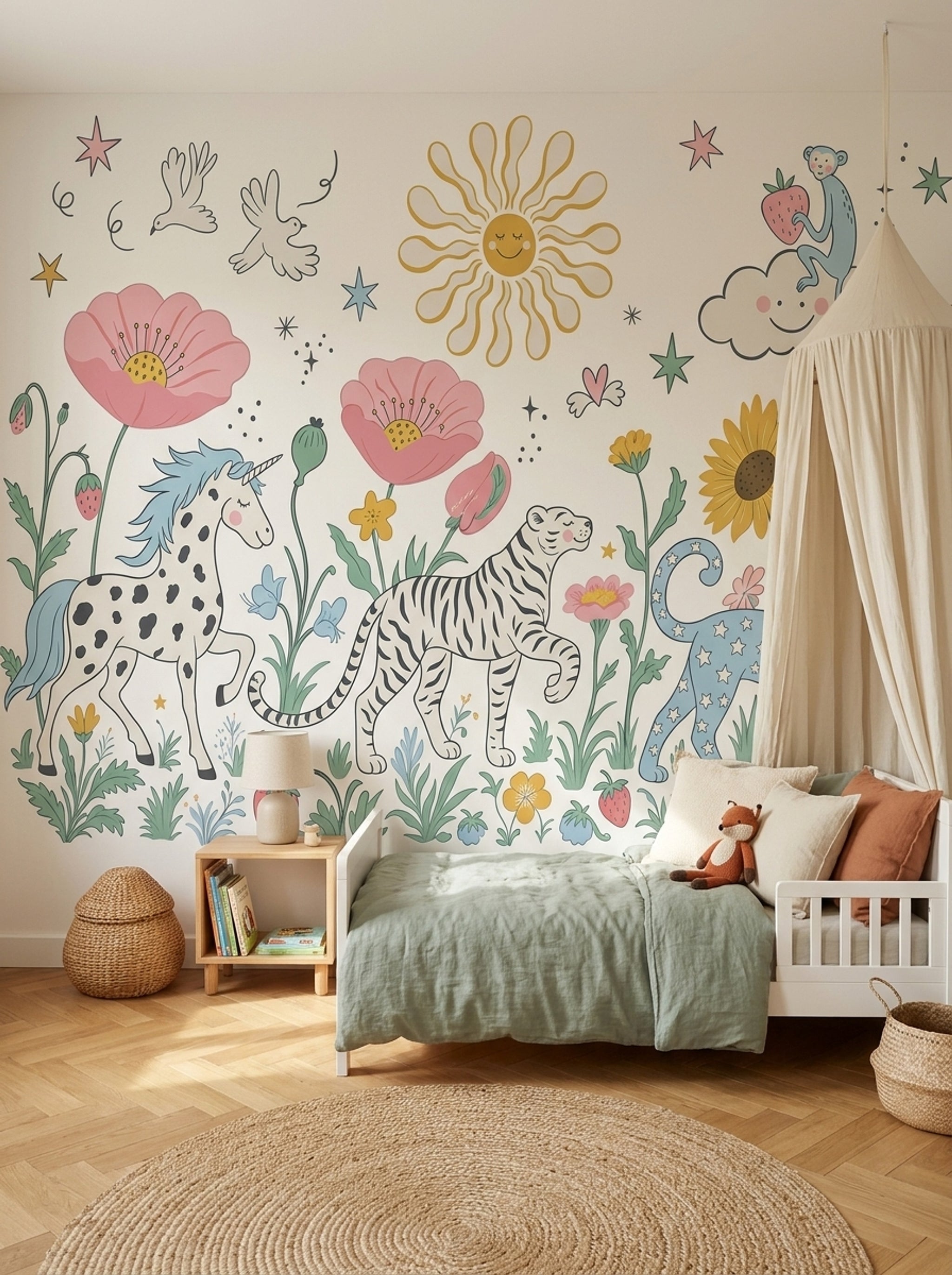Hayvanlı Çiçekli Poster Duvar Kağıdı Pastel Çocuk Odası