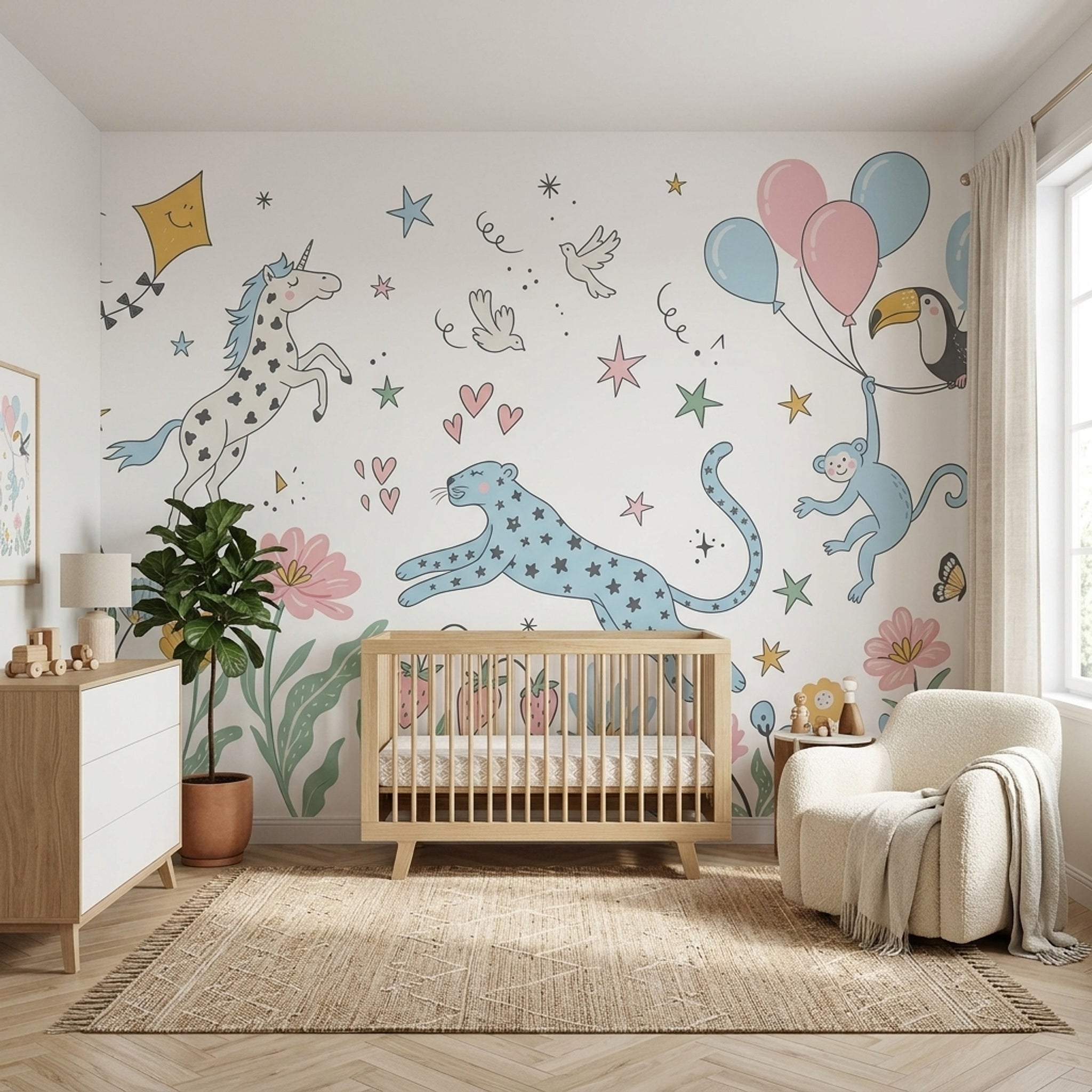 Unicorn ve Balonlu Poster Duvar Kağıdı Çocuk Odası Pastel