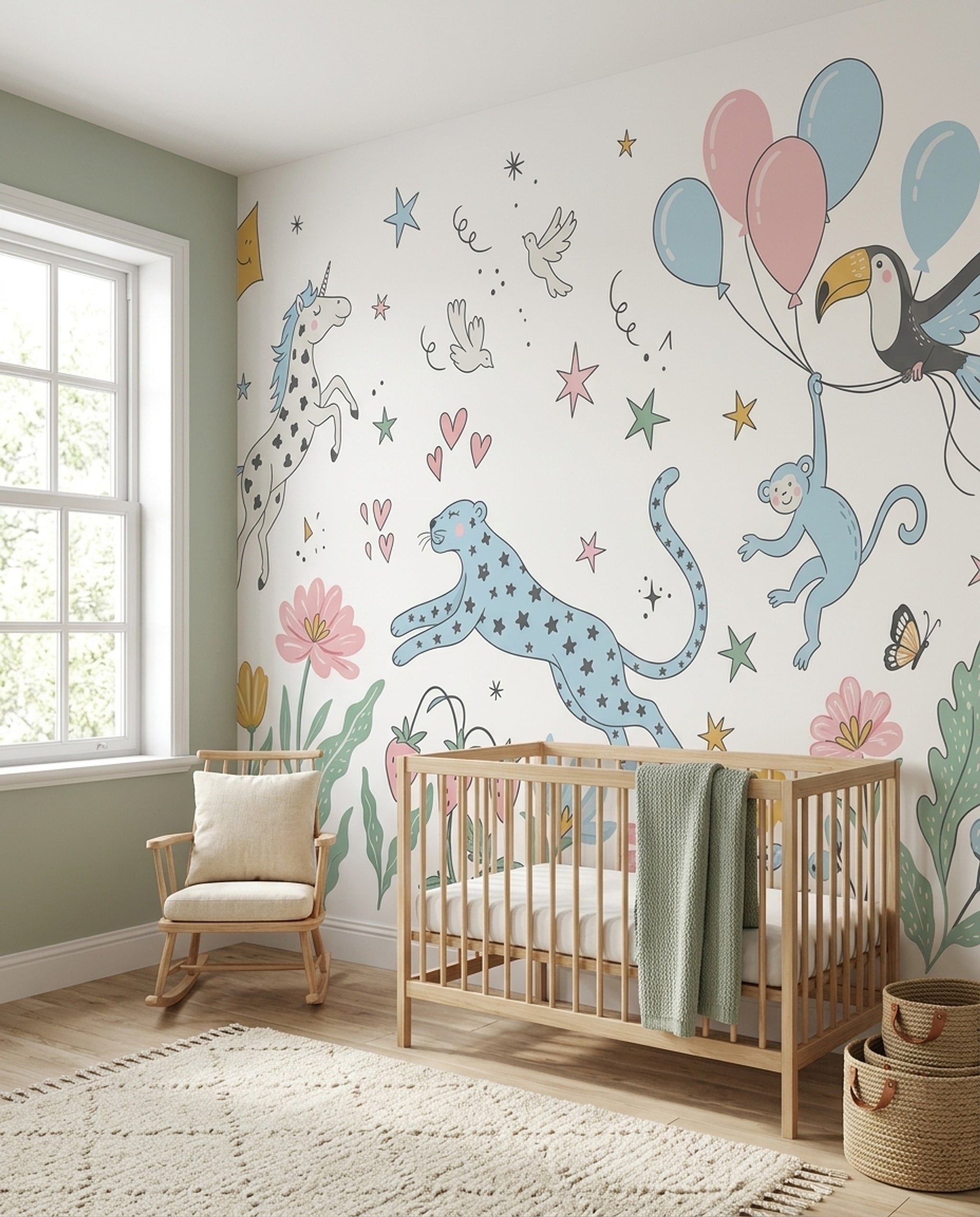 Unicorn ve Balonlu Poster Duvar Kağıdı Çocuk Odası Pastel