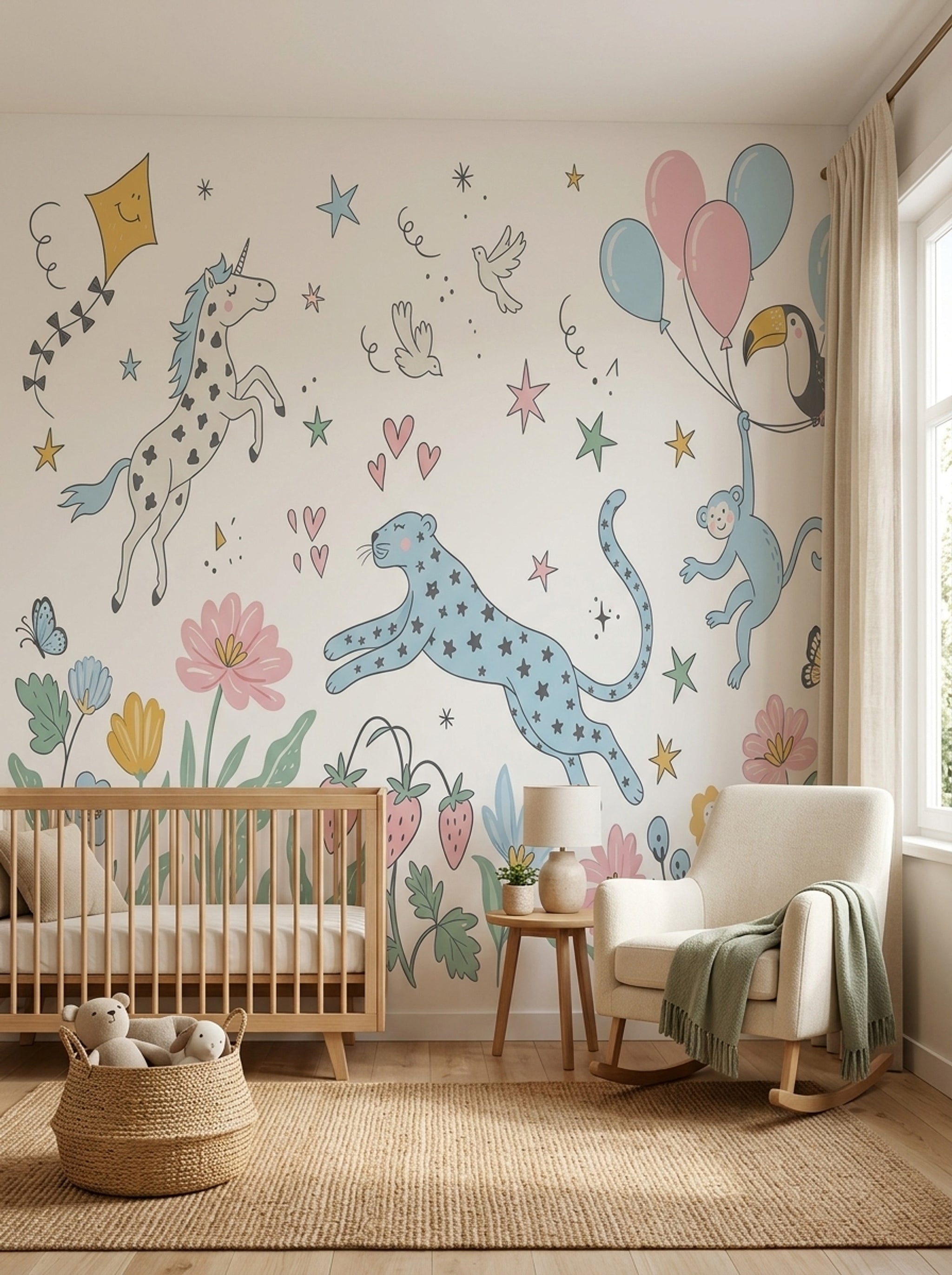Unicorn ve Balonlu Poster Duvar Kağıdı Çocuk Odası Pastel