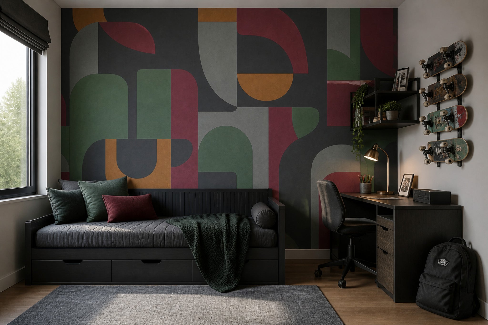 Geometrik Şekilli Poster Duvar Kağıdı Yeşil Bordo Modern Salon