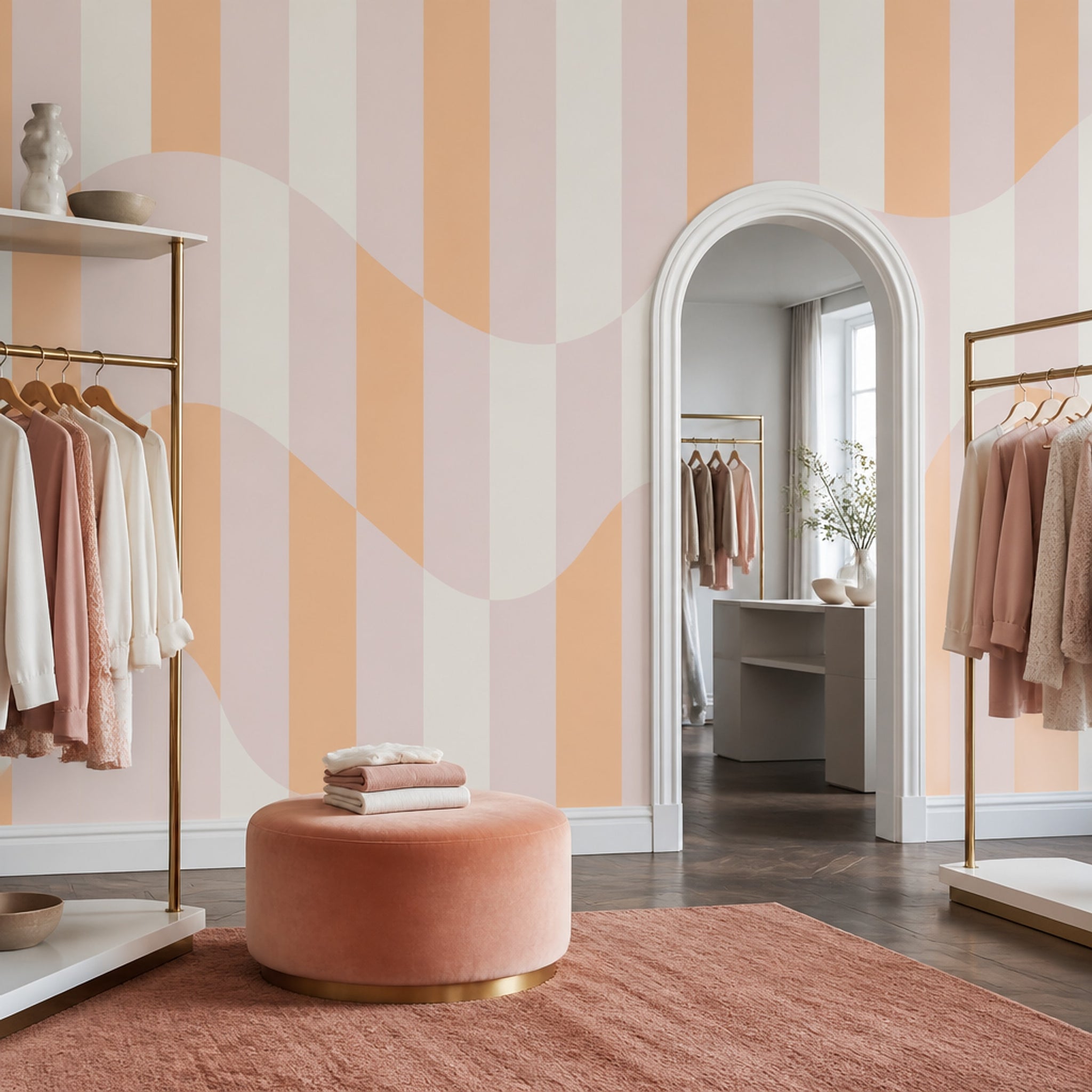 Pastel Dalgalı Çizgili Poster Duvar Kağıdı Pembe Turuncu Salon