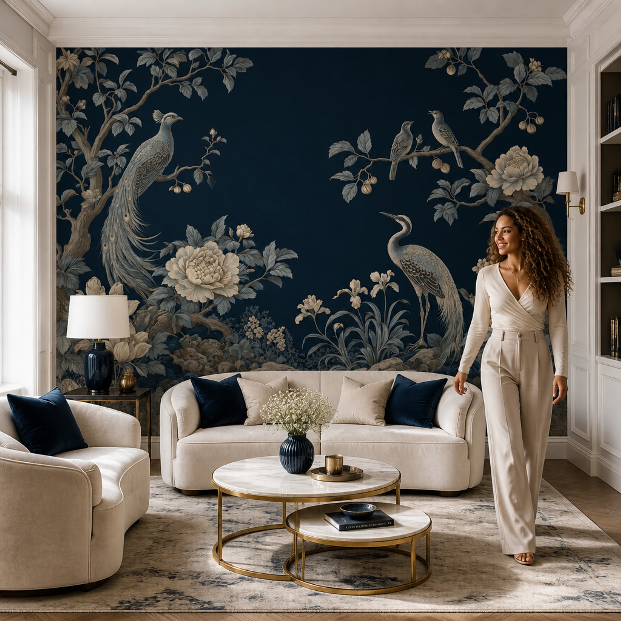 Tavus Kuşlu Çiçekli Poster Duvar Kağıdı Lacivert Salon