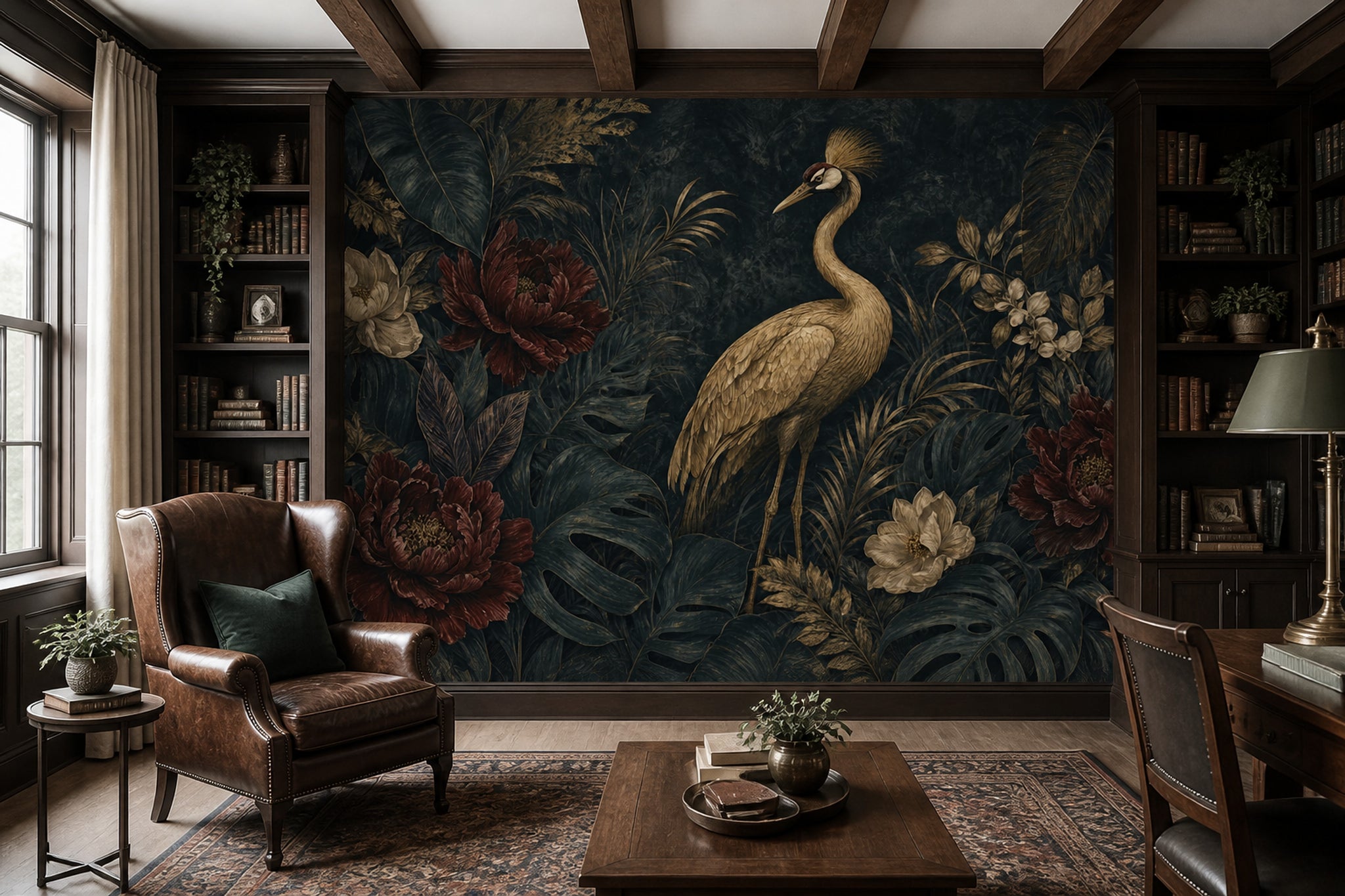 Turnalı Çiçek Desenli Poster Duvar Kağıdı Koyu Yeşil Salon