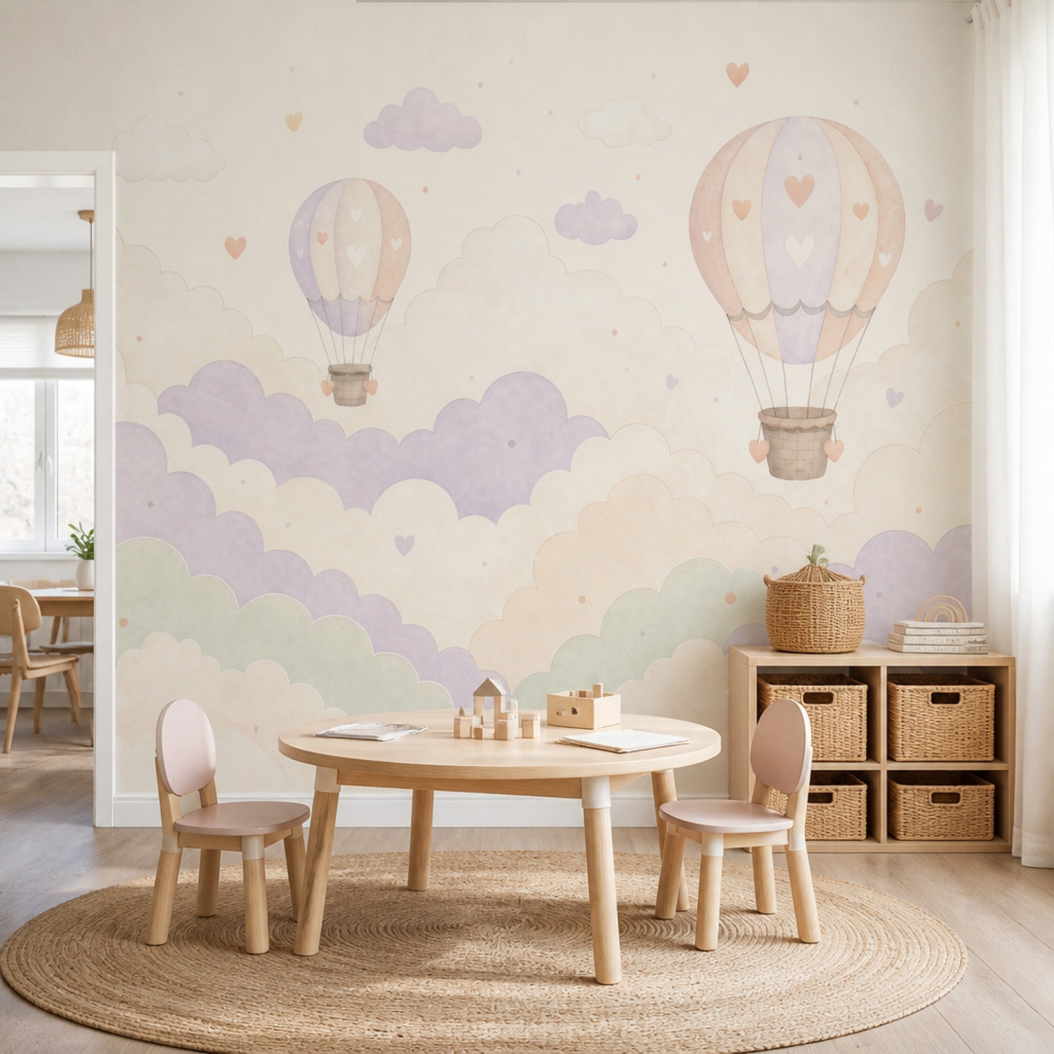 Pastel Balonlu Poster Duvar Kağıdı Bulut Desenli Bebek Odası