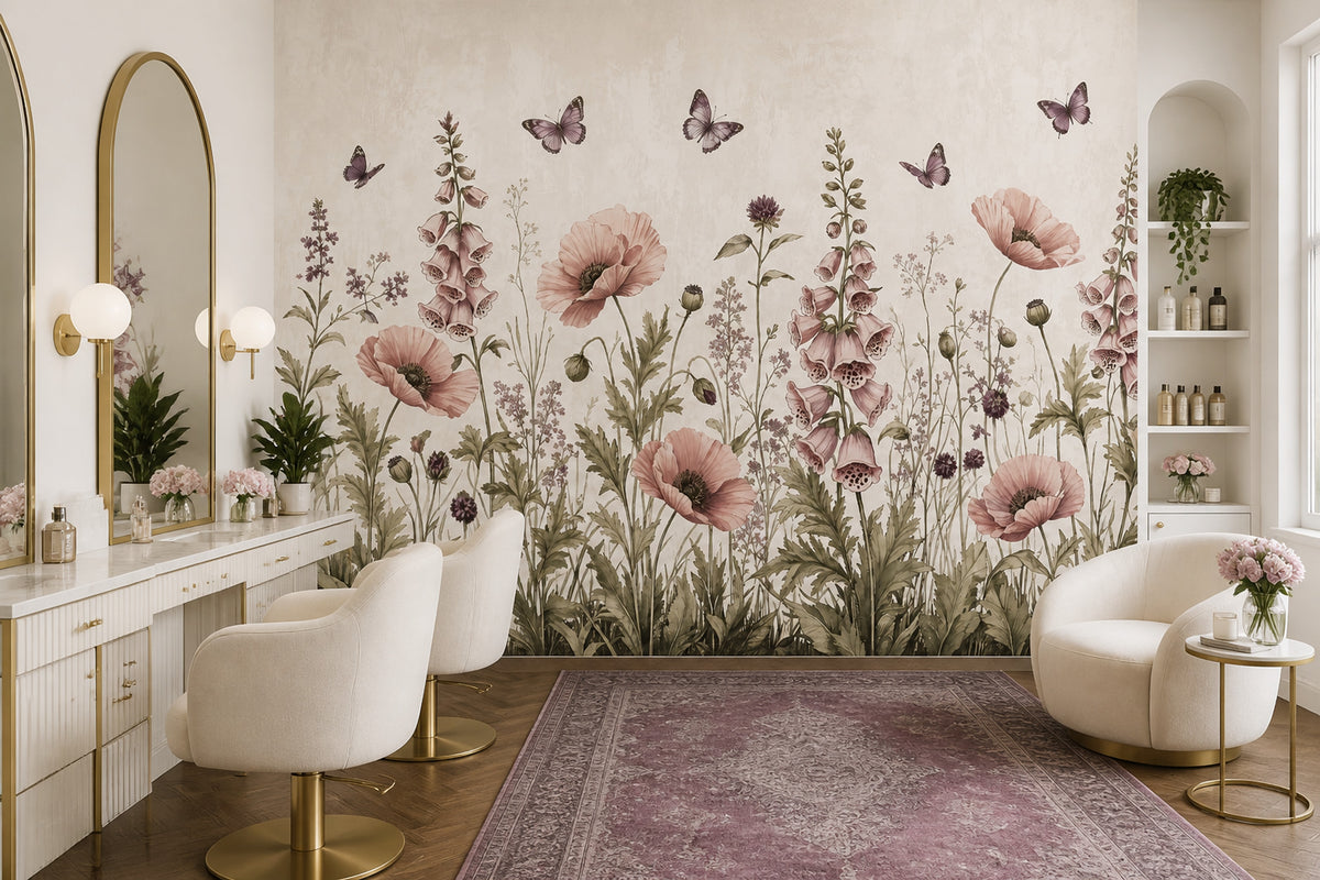 Pudra Pembe Çiçekli Poster Duvar Kağıdı Kelebekli Salon