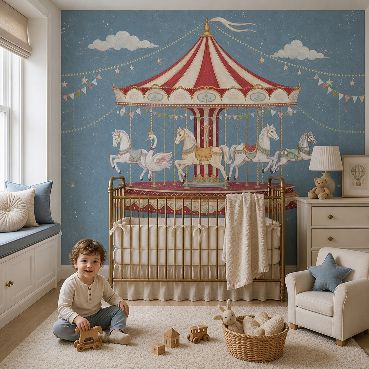Atlıkarıncalı Poster Duvar Kağıdı Lacivert Çocuk Odası Deseni