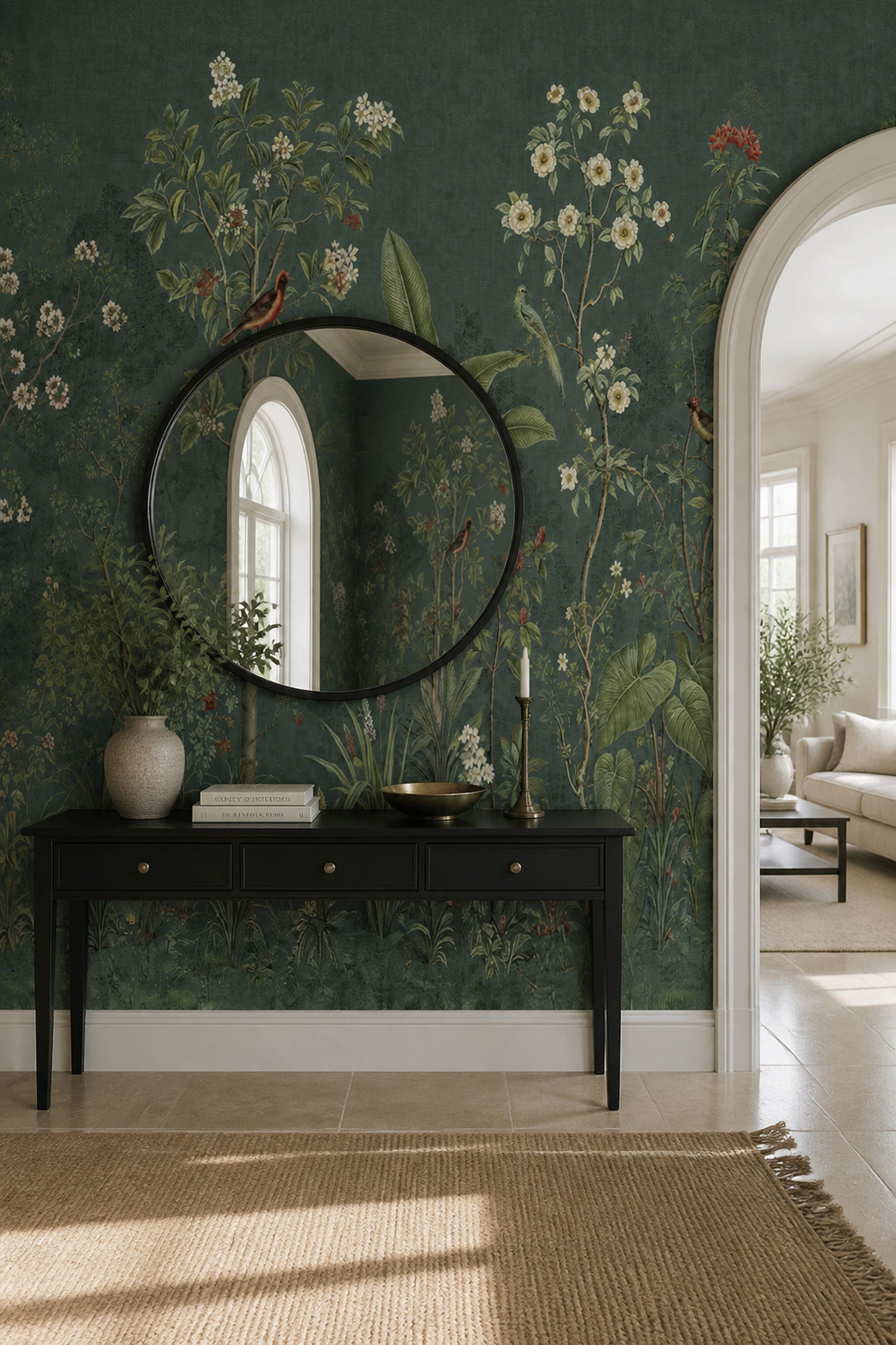 Kuşlu Botanik Poster Duvar Kağıdı Koyu Yeşil Salon