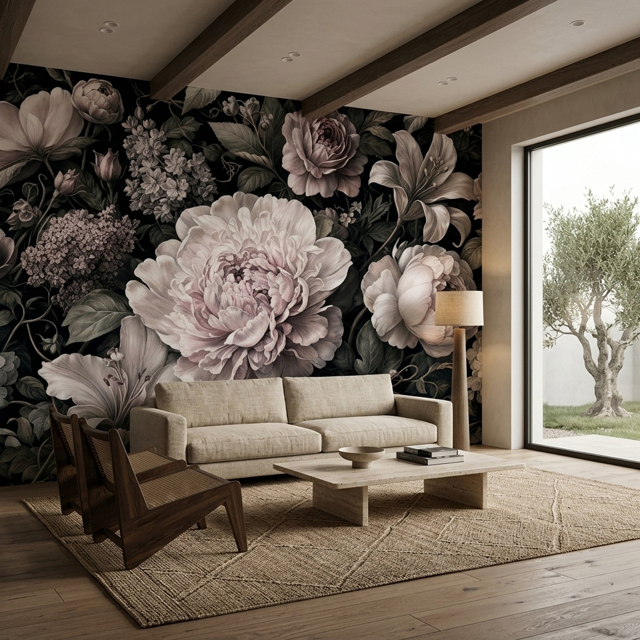 Koyu Zeminli Büyük Çiçekli Poster Duvar Kağıdı Salon