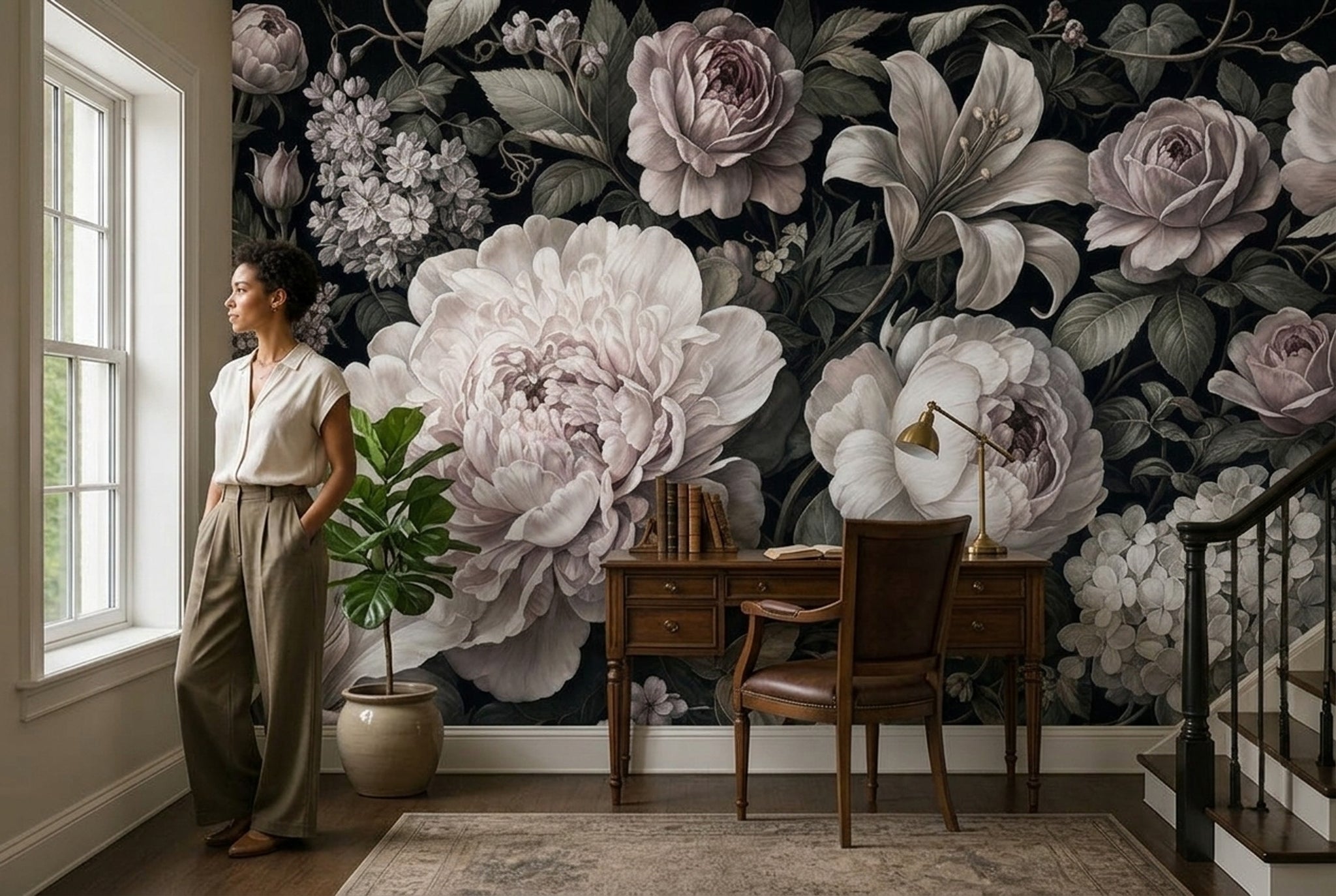 Koyu Zeminli Büyük Çiçekli Poster Duvar Kağıdı Salon