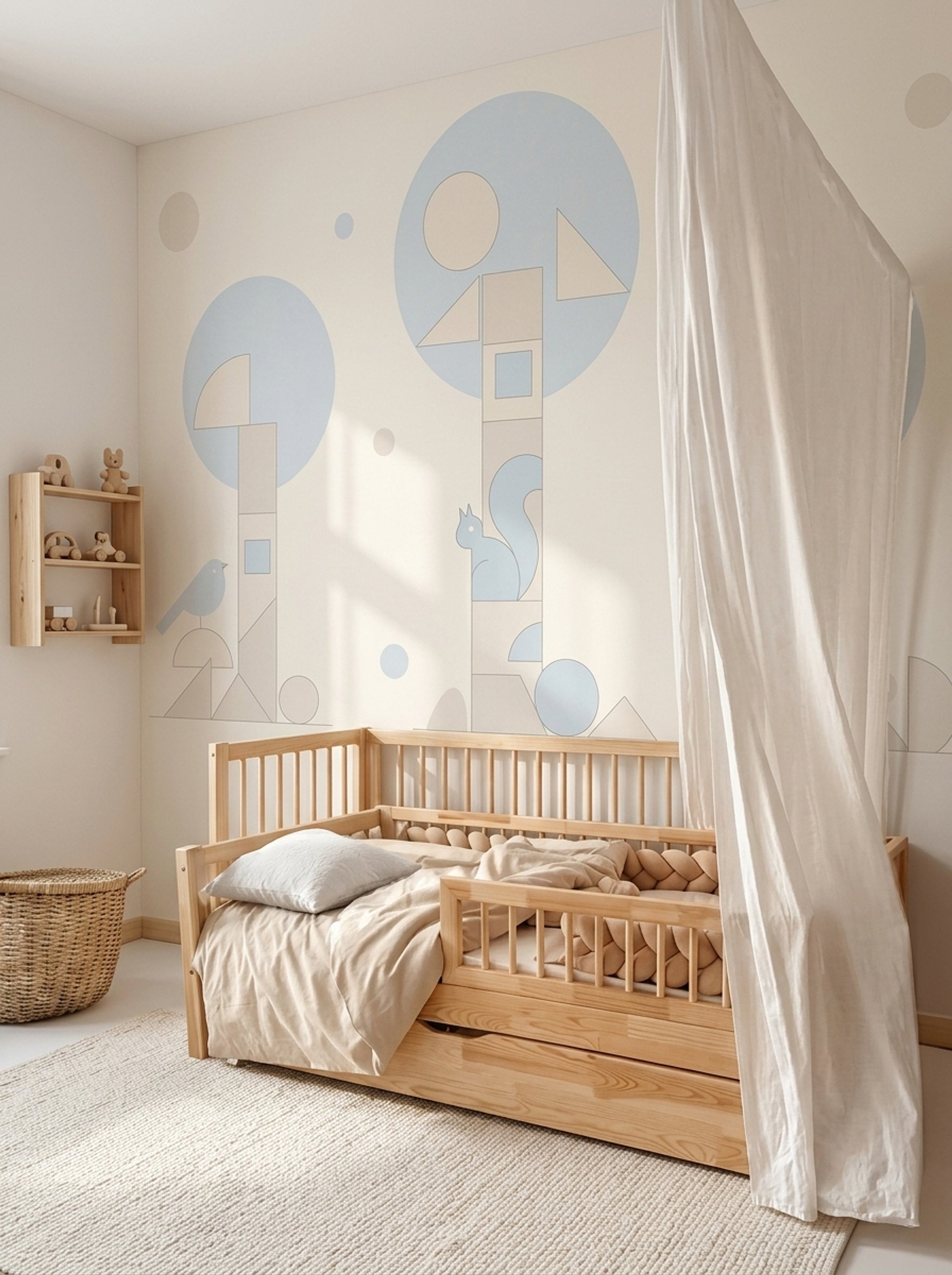 Geometrik Ağaç ve Hayvanlı Poster Duvar Kağıdı Bebek Odası