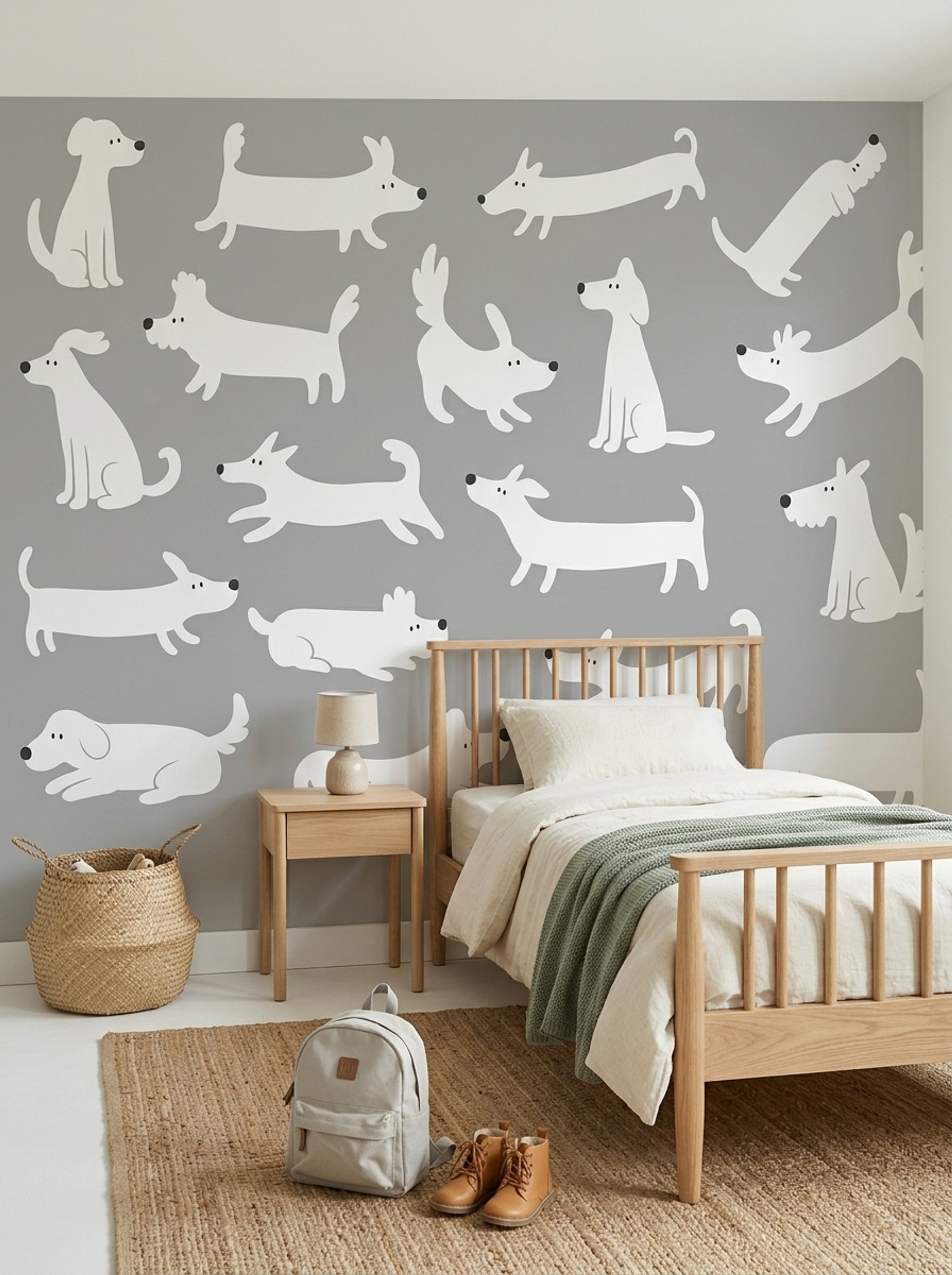 Sevimli Köpek Desenli Poster Duvar Kağıdı Gri Beyaz Bebek Odası