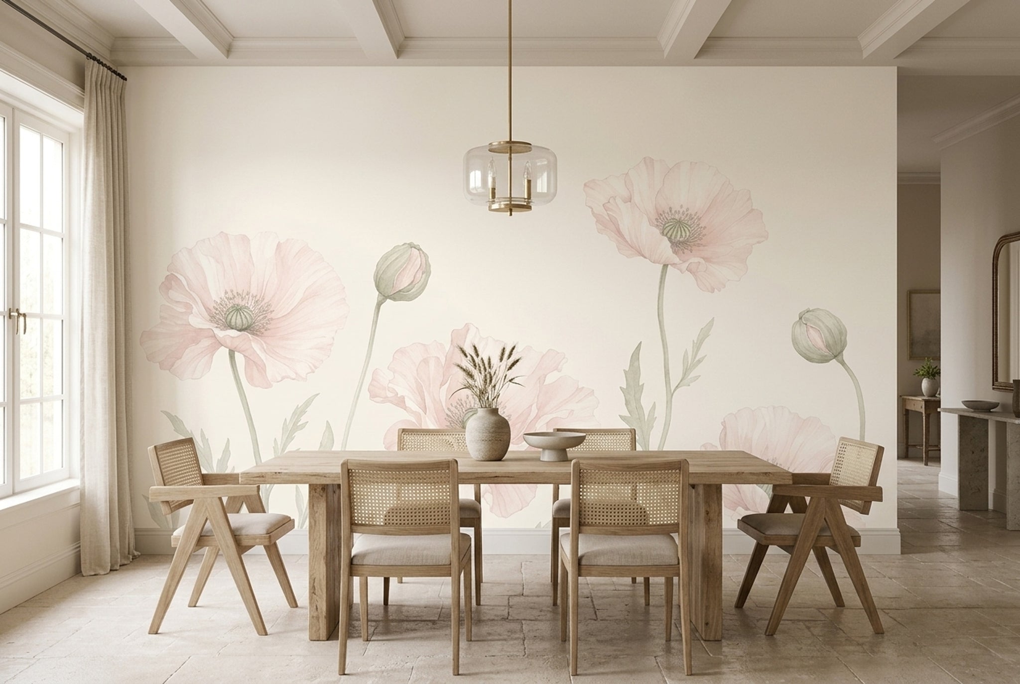 Pastel Haşhaş Çiçekli Poster Duvar Kağıdı Pudra Pembe Salon