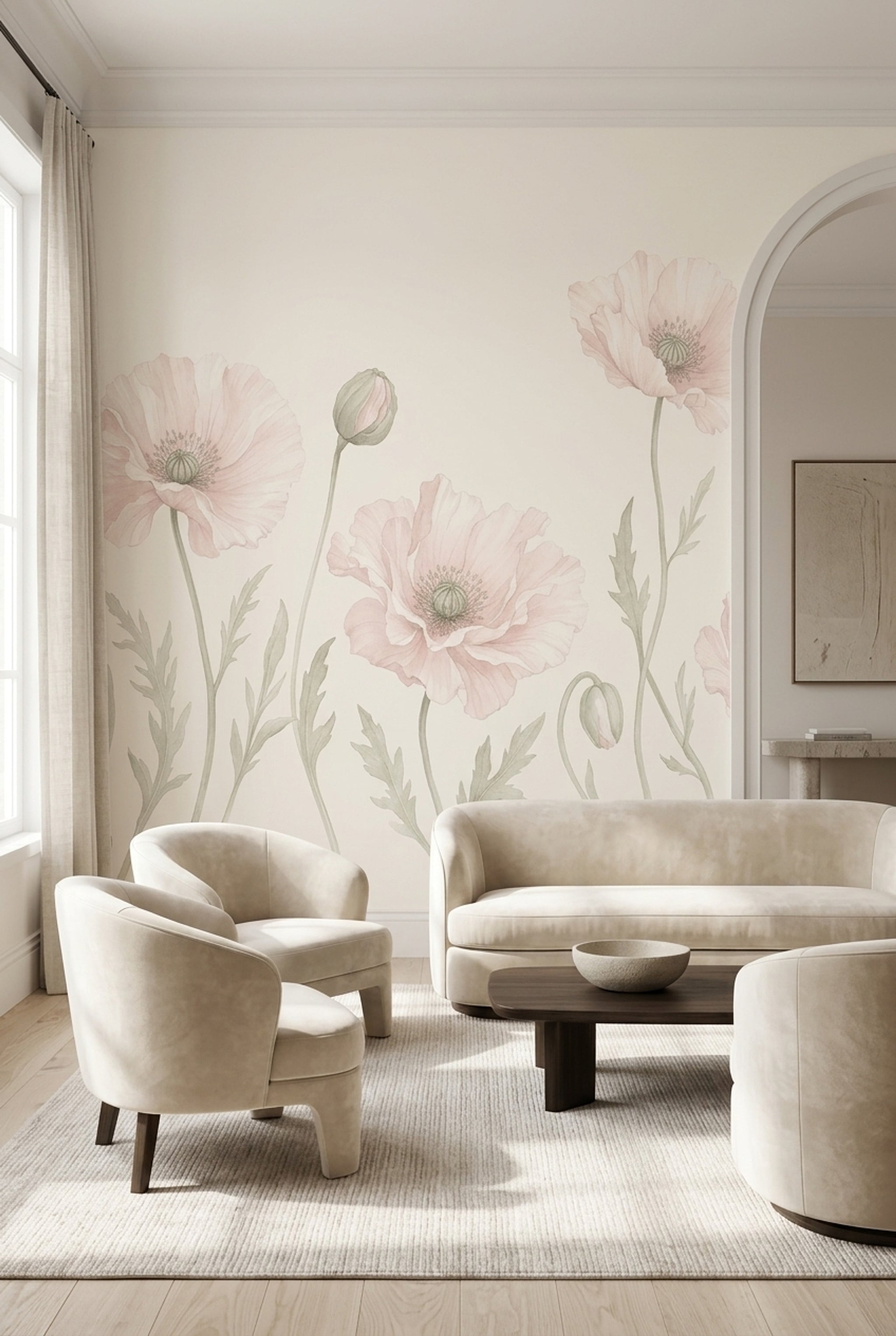 Pastel Haşhaş Çiçekli Poster Duvar Kağıdı Pudra Pembe Salon