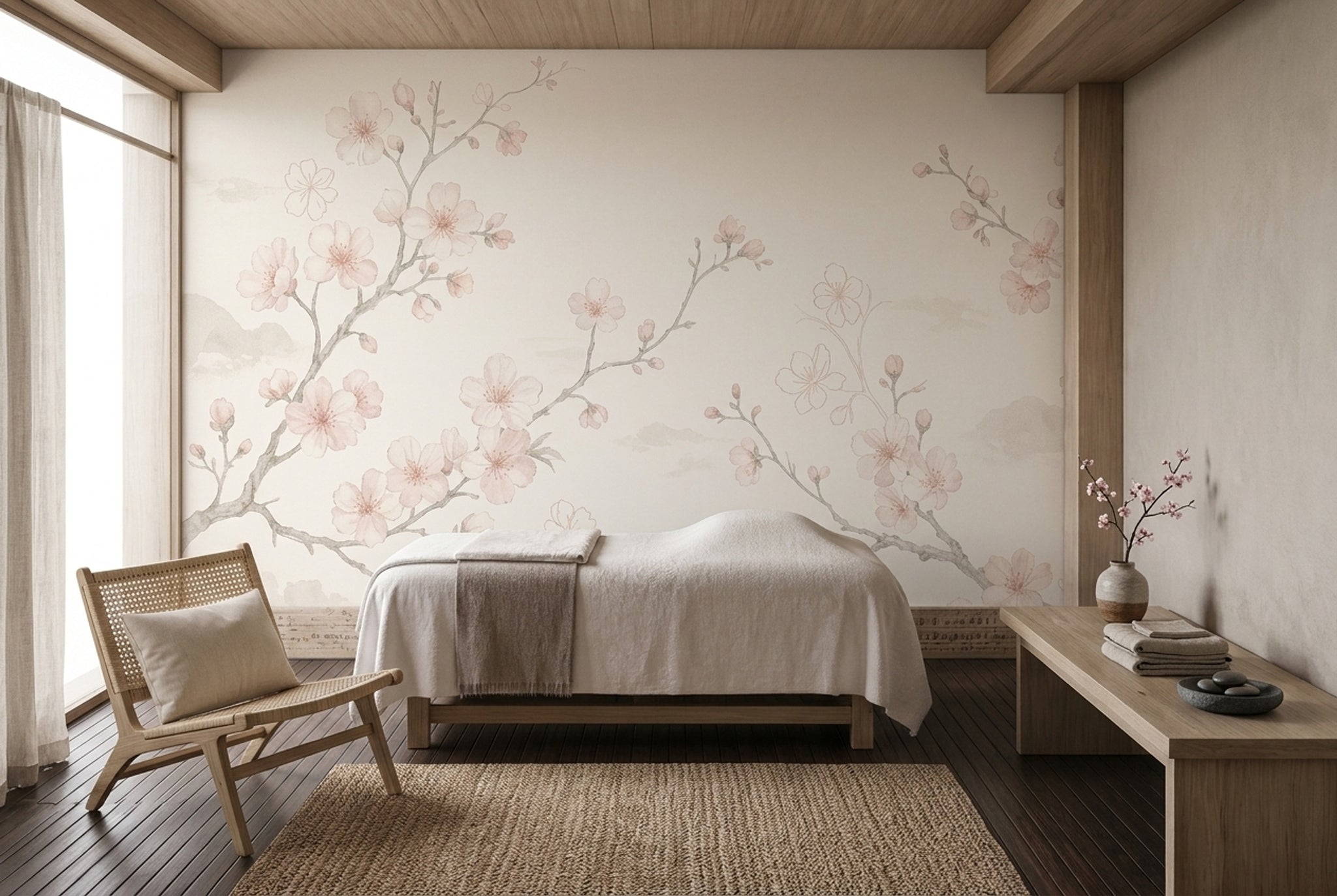 Sakura Çiçekli Poster Duvar Kağıdı Pudra Pembe Yatak Odası