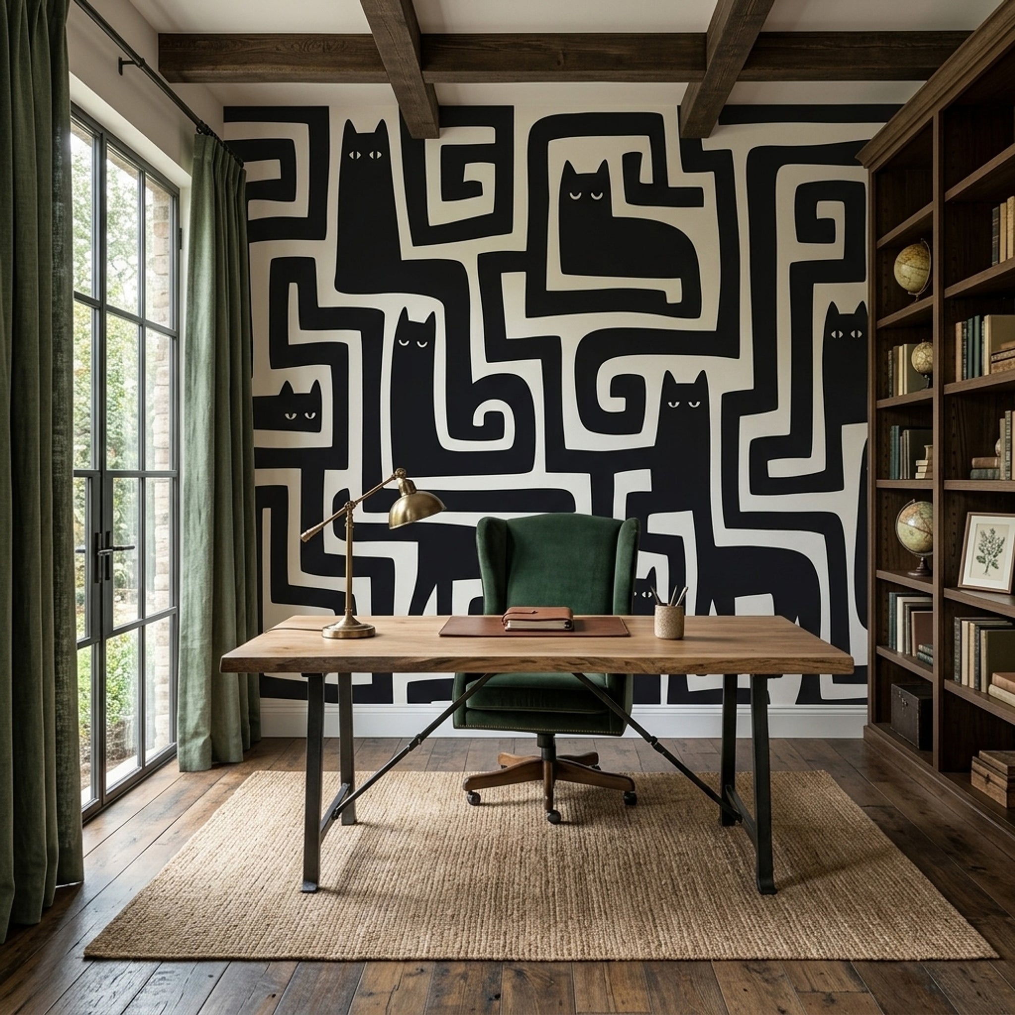 Geometrik Kedili Poster Duvar Kağıdı Siyah Beyaz Genç Odası