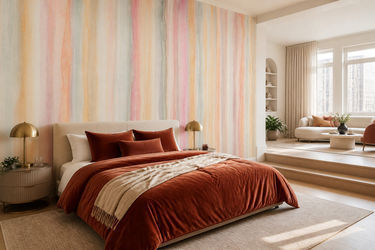 Pastel Suluboya Çizgili Poster Duvar Kağıdı Renk Geçişli Salon