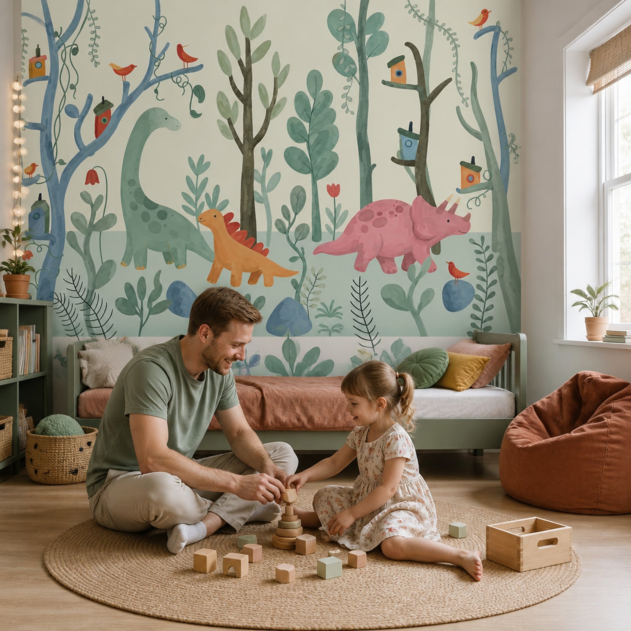 Dinozor Ormanlı Poster Duvar Kağıdı Pastel Yeşil Çocuk Odası