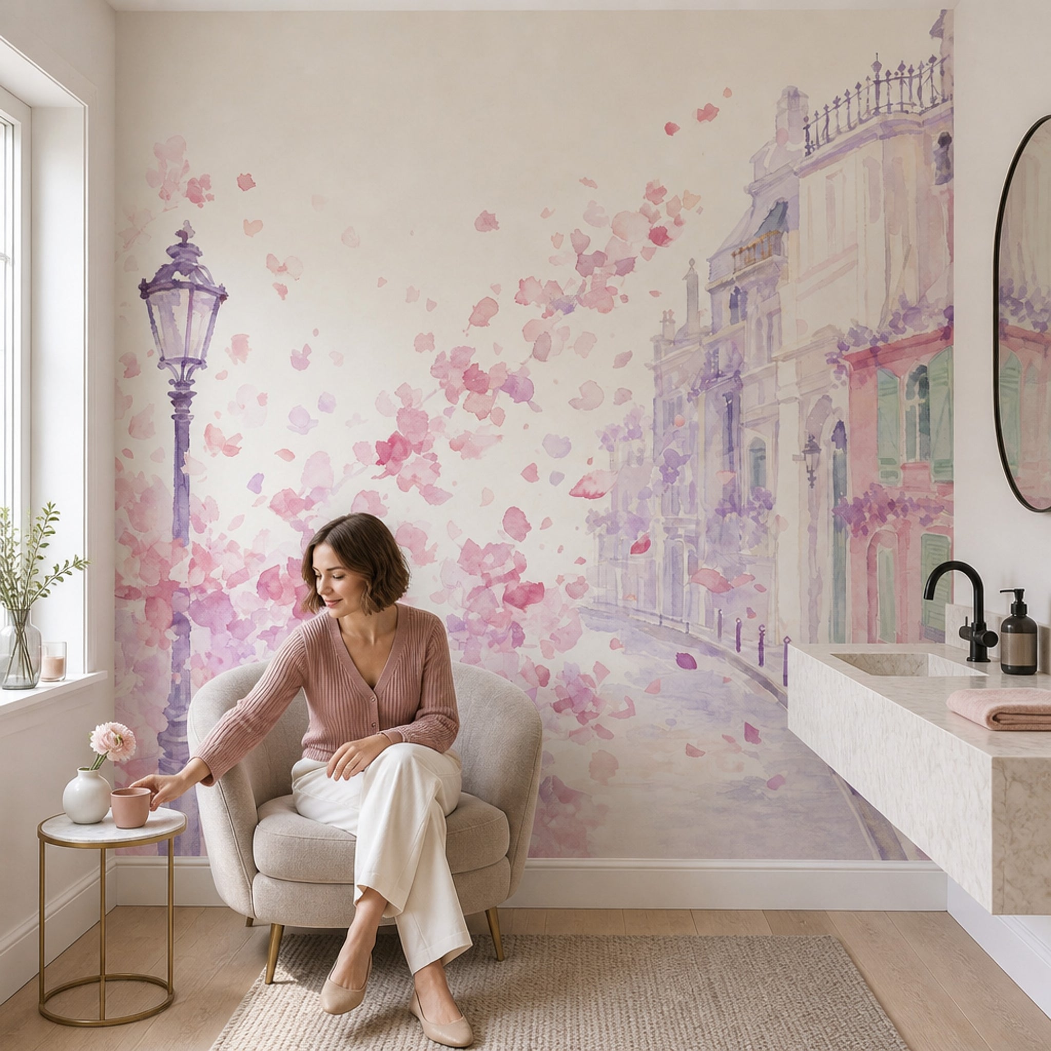 Suluboya Şehir Manzaralı Poster Duvar Kağıdı Pembe Lila Salon