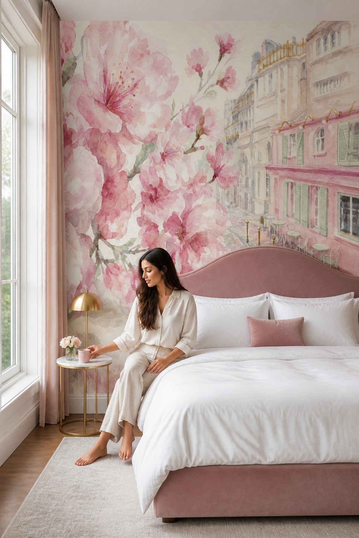 Sulu Boya Pembe Çiçekli Poster Duvar Kağıdı Salon Dekoru