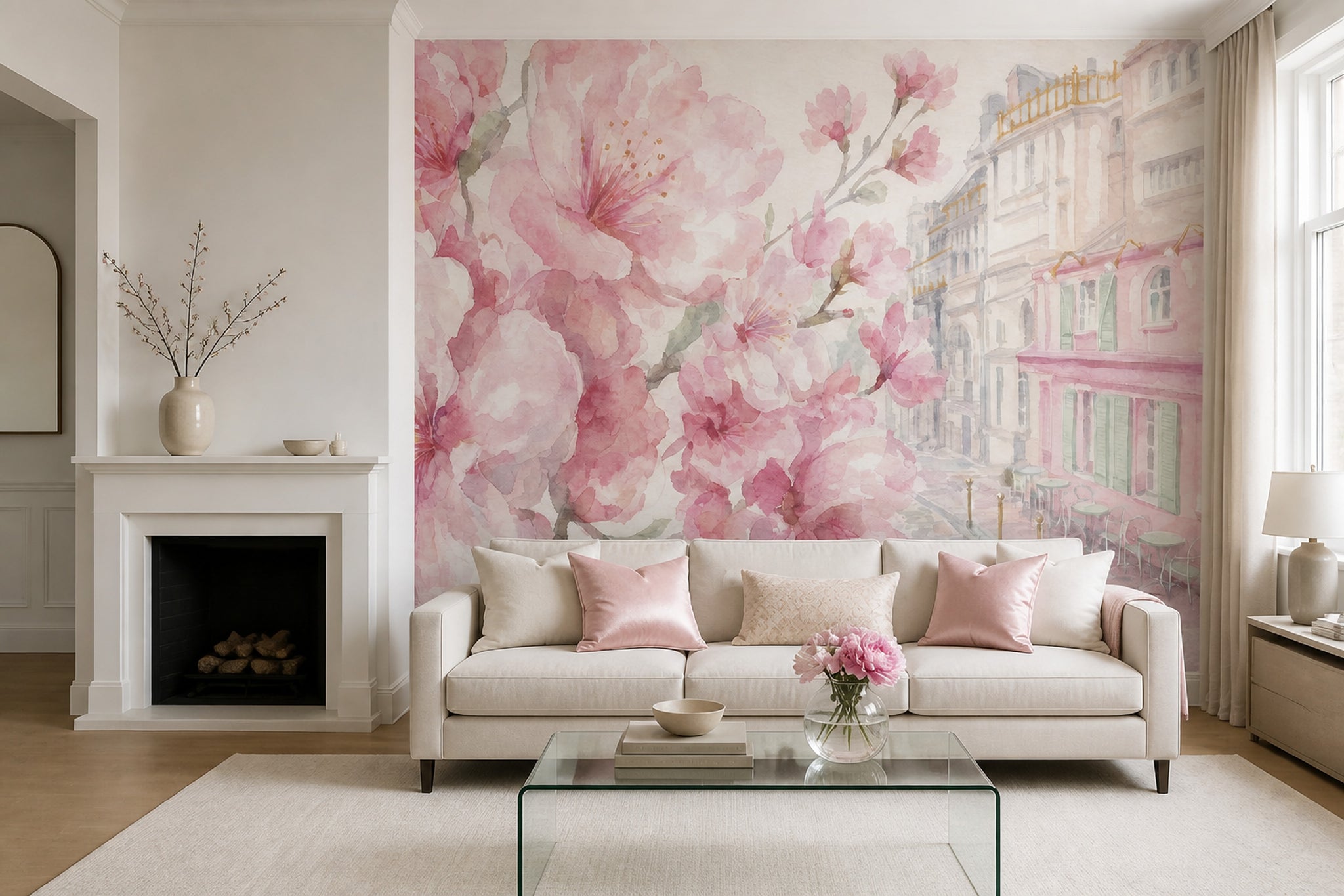 Sulu Boya Pembe Çiçekli Poster Duvar Kağıdı Salon Dekoru