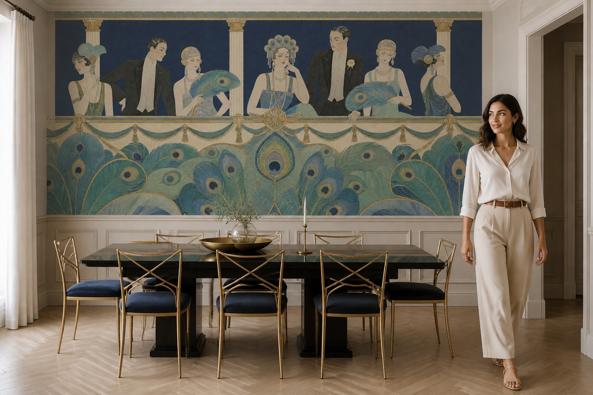 Art Deco Tavuskuşu Tüyü Poster Duvar Kağıdı Lacivert Salon