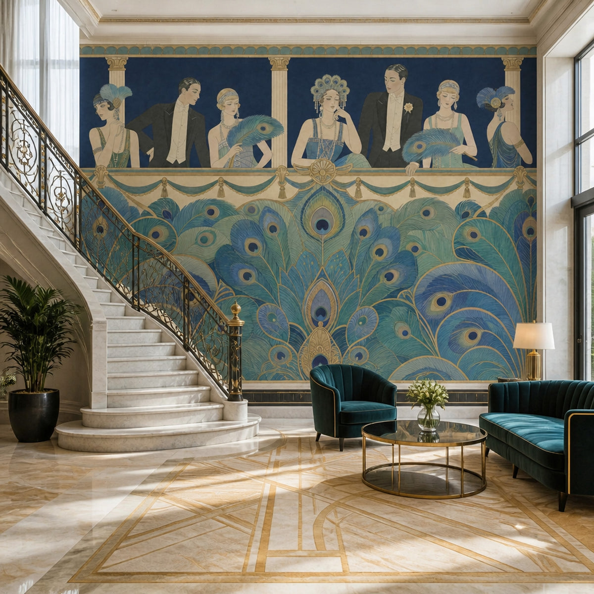 Art Deco Tavuskuşu Tüyü Poster Duvar Kağıdı Lacivert Salon