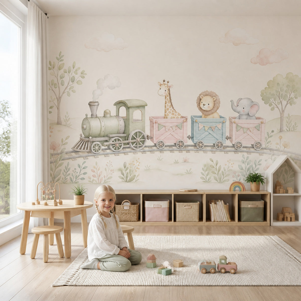 Trenli Safari Hayvanlı Poster Duvar Kağıdı Pastel Çocuk Odası