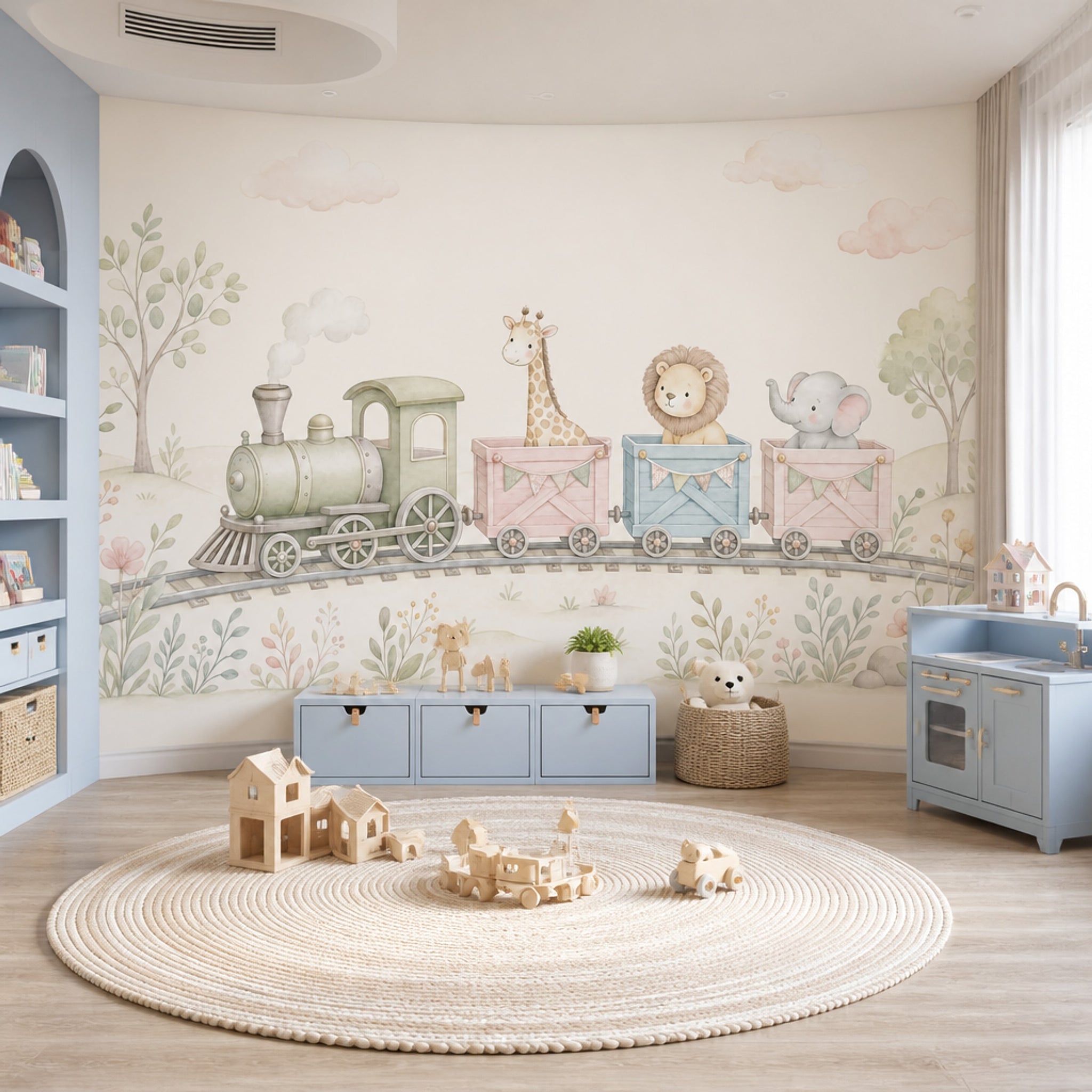 Trenli Safari Hayvanlı Poster Duvar Kağıdı Pastel Çocuk Odası
