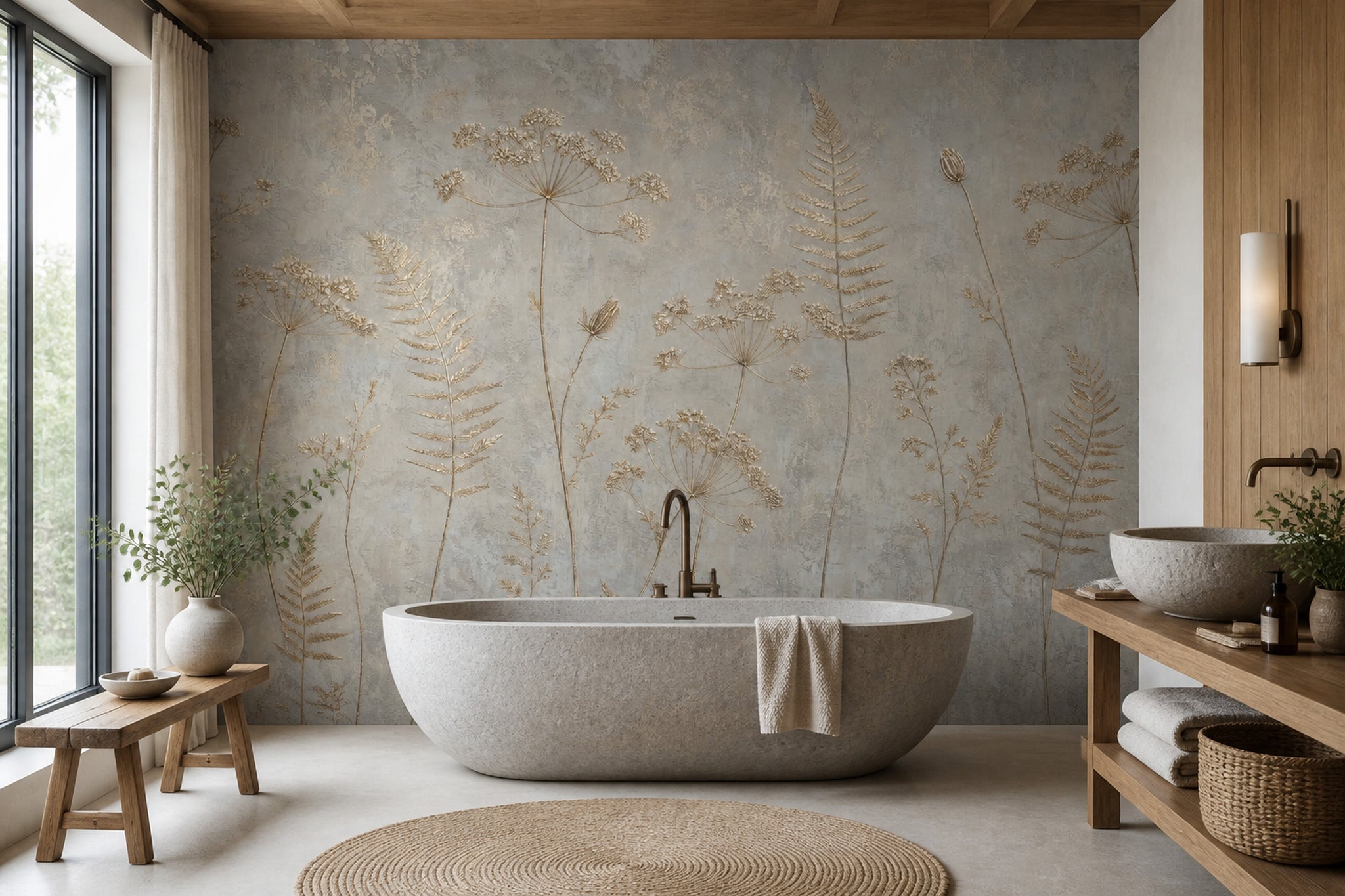 Altın Botanik Çizimli Poster Duvar Kağıdı Gri Banyo