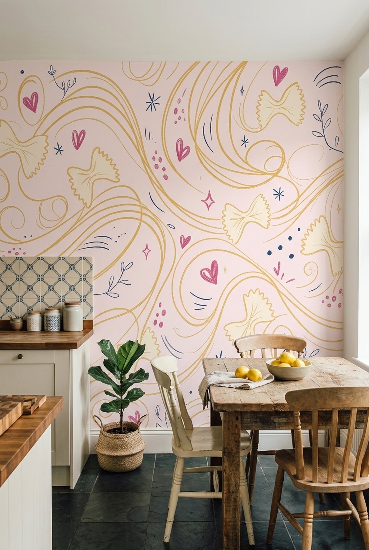 Kalpli Çizgili Poster Duvar Kağıdı Pembe Sarı Modern