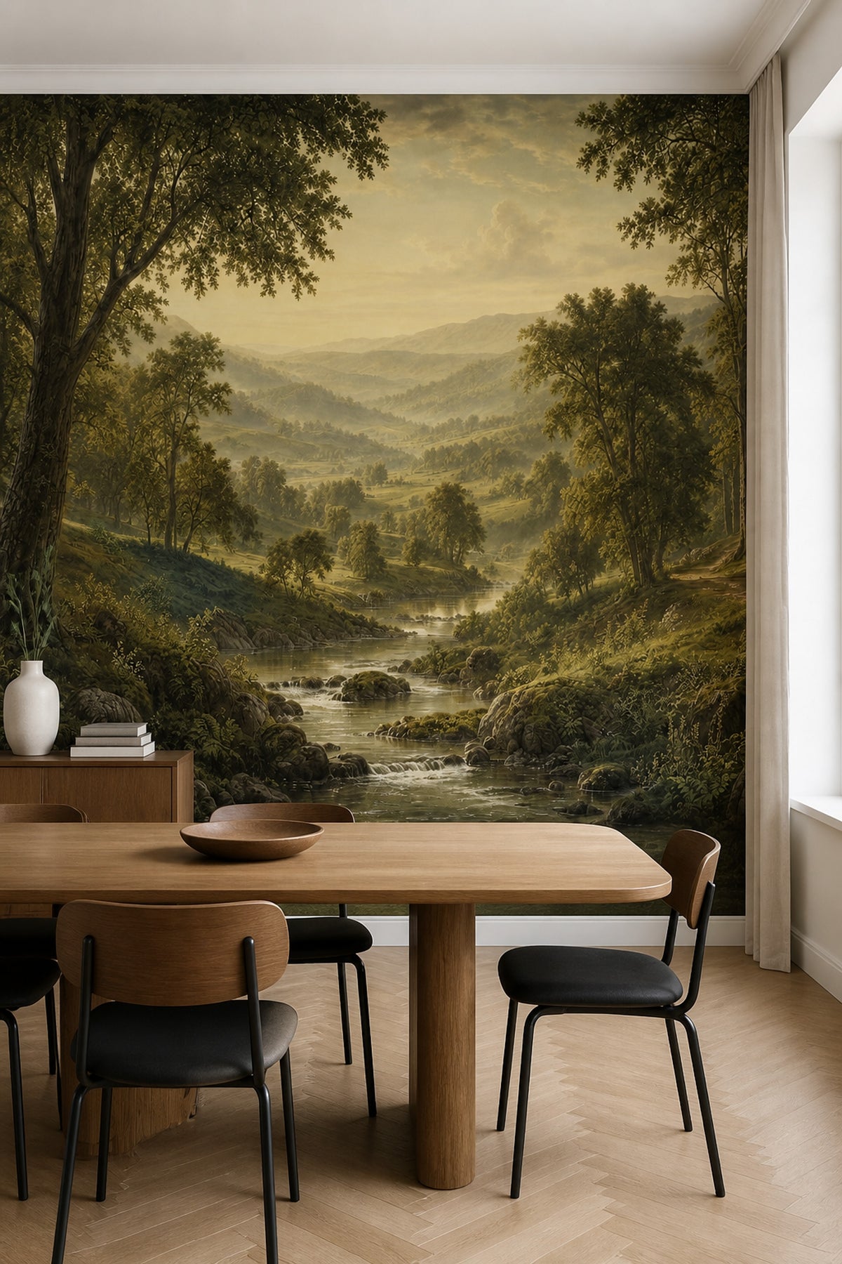 Orman Manzaralı Poster Duvar Kağıdı Yeşil Nehir Temalı Salon