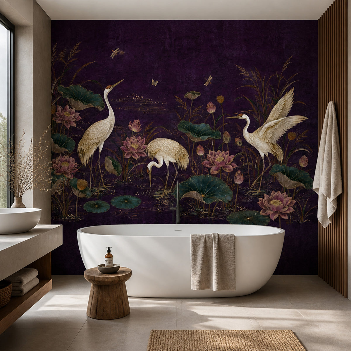 Turna ve Nilüferli Poster Duvar Kağıdı Mor Zeminli Banyo