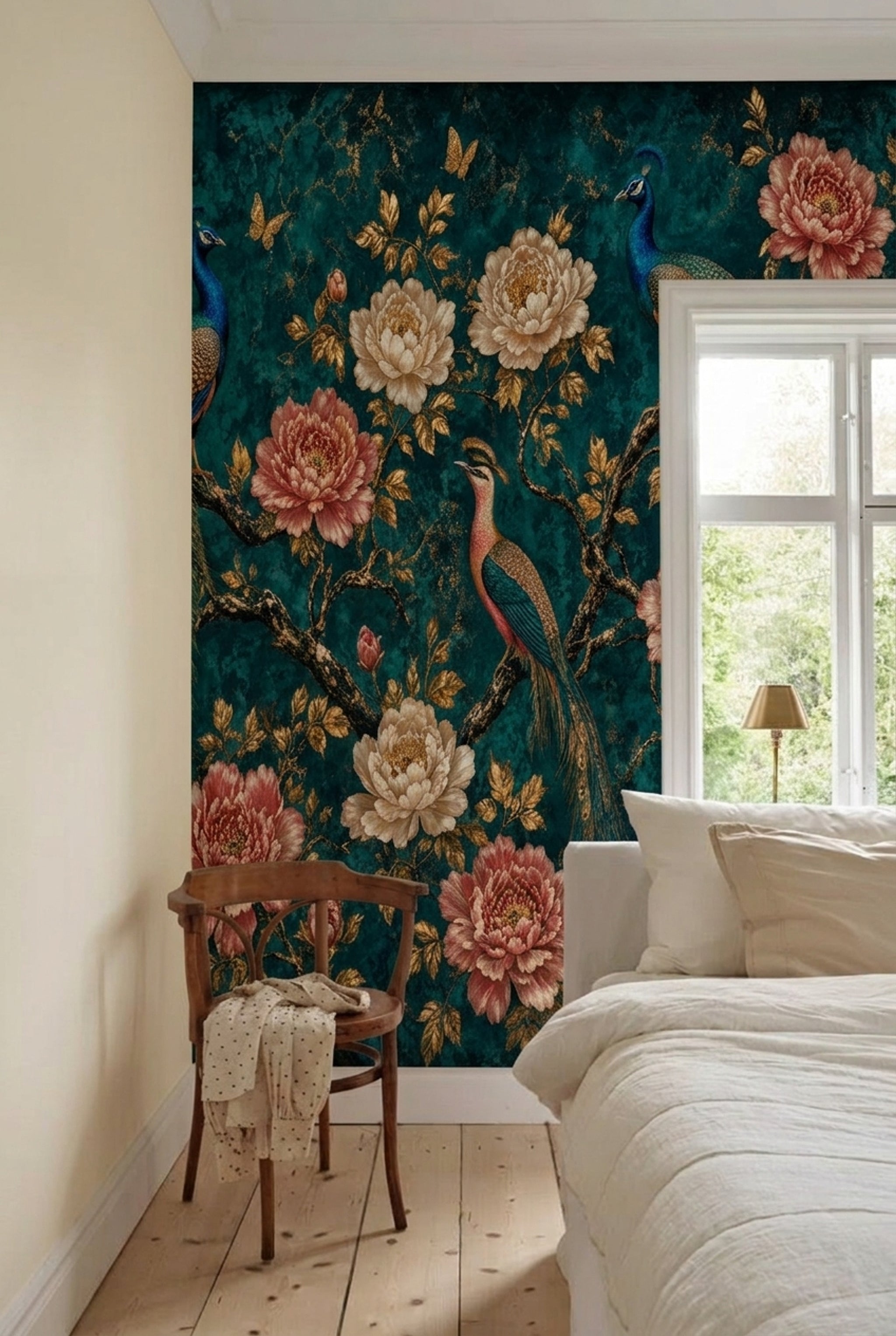 Tavus Kuşu Çiçekli Poster Duvar Kağıdı Petrol Yeşili Salon