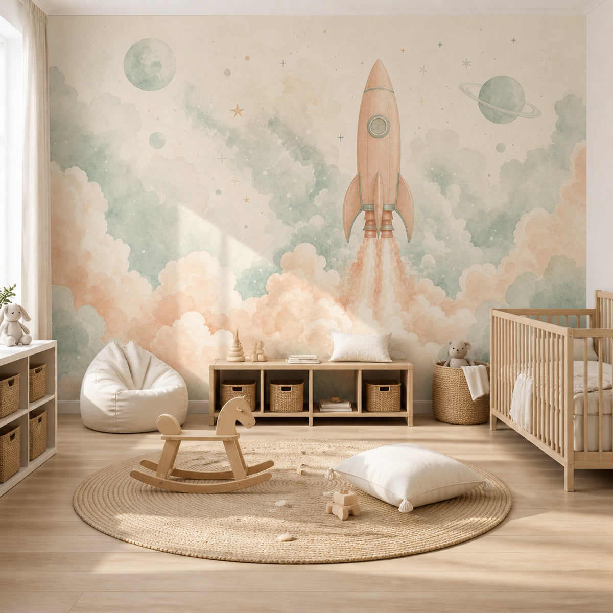 Roket ve Bulutlu Poster Duvar Kağıdı Pastel Çocuk Odası