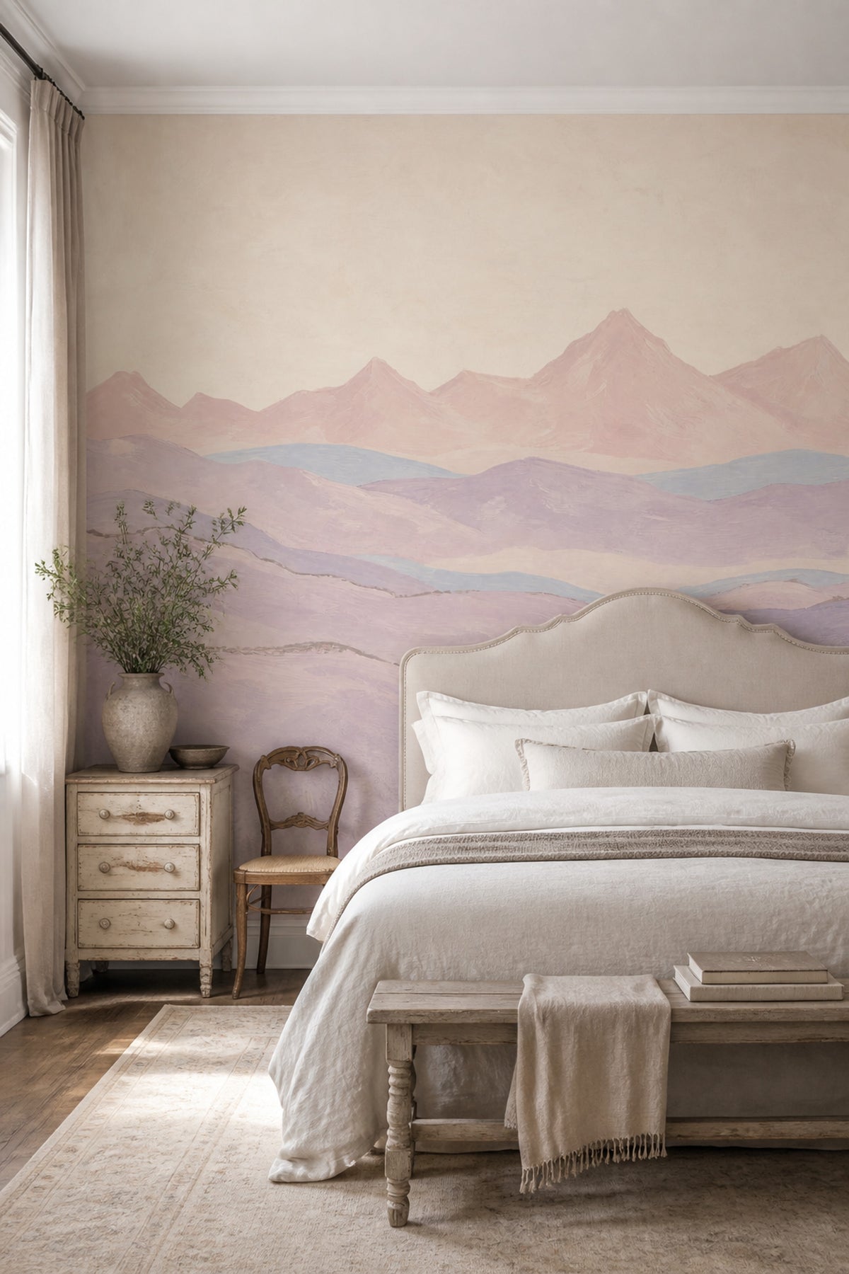 Pastel Dağ Manzaralı Poster Duvar Kağıdı Bej Mor Salon