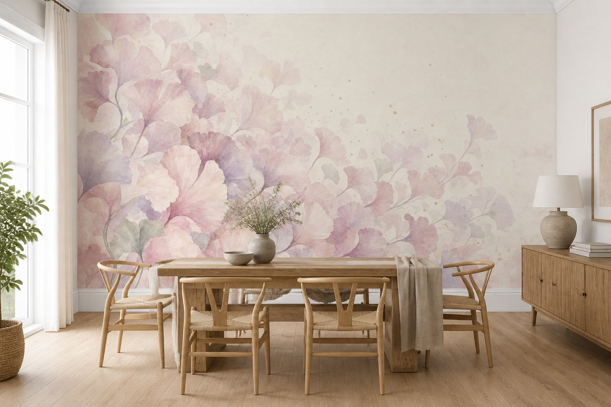 Pastel Ginkgo Yapraklı Poster Duvar Kağıdı Pembe Krem Bebek Odası