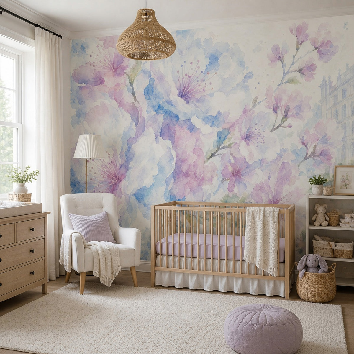 Suluboya Çiçekli Poster Duvar Kağıdı Pastel Mavi Pembe Salon