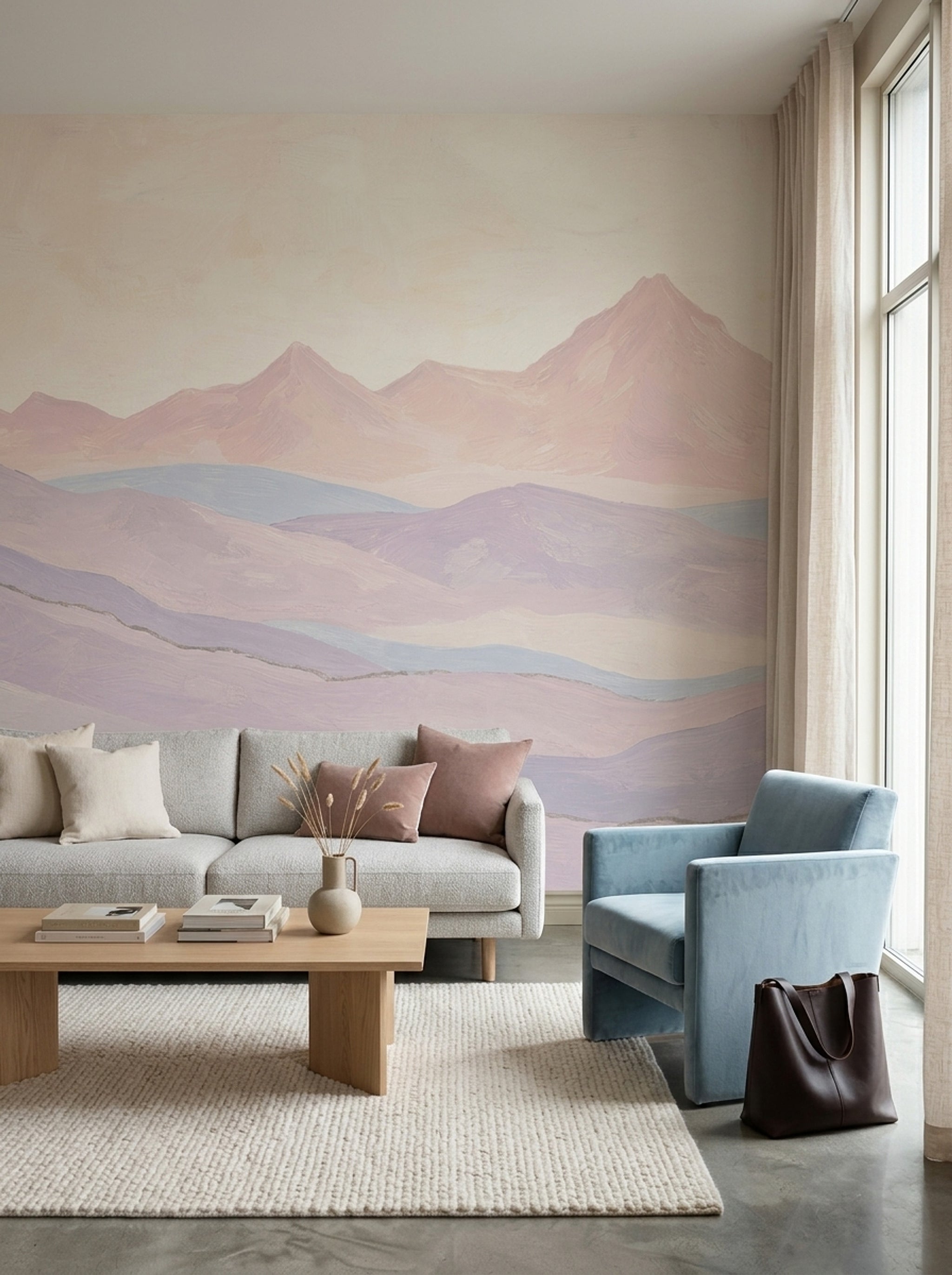 Pastel Dağ Manzaralı Poster Duvar Kağıdı Bej Mor Salon