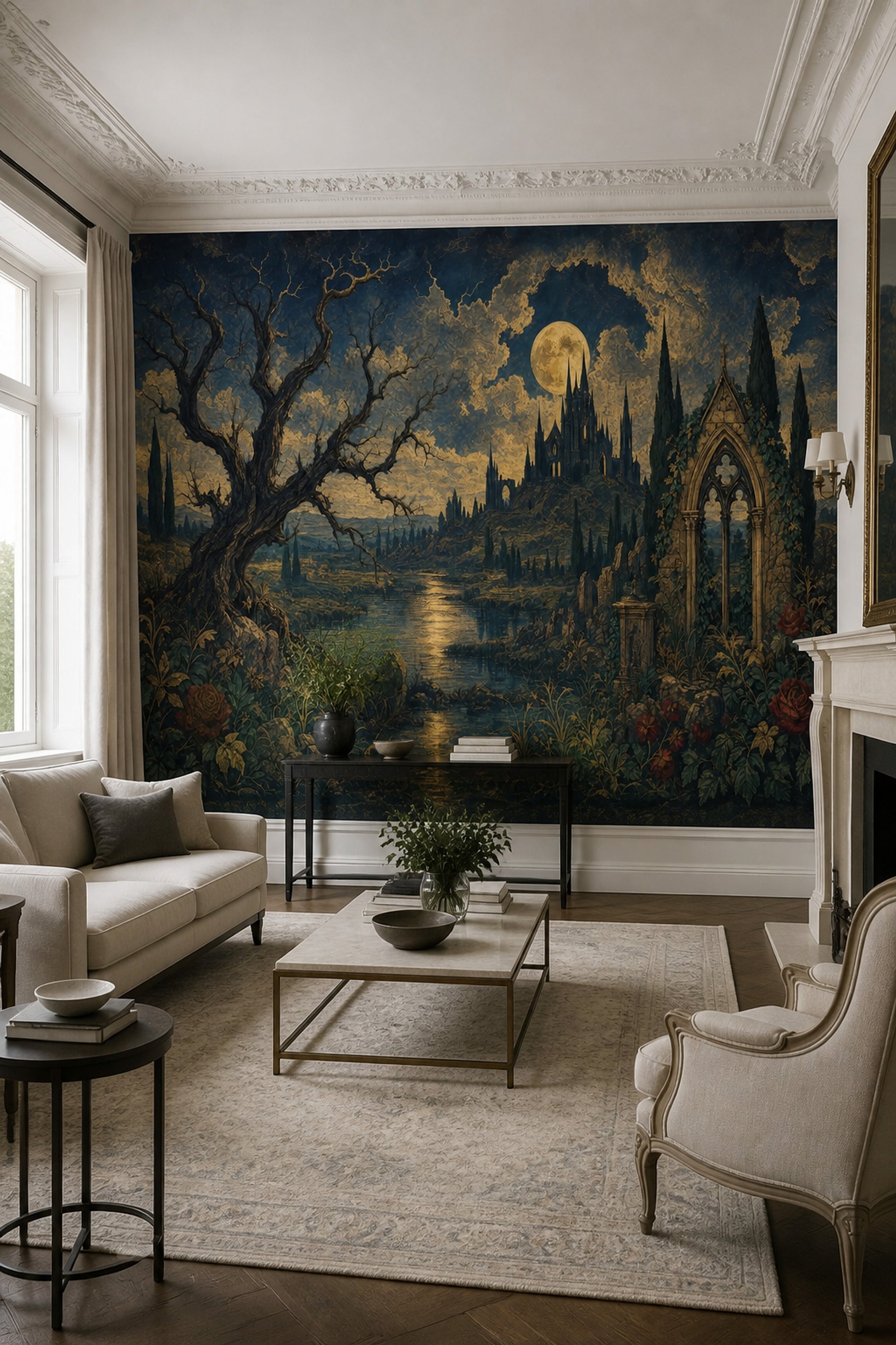 Ay Işığında Gotik Şato Poster Duvar Kağıdı Lacivert Gold
