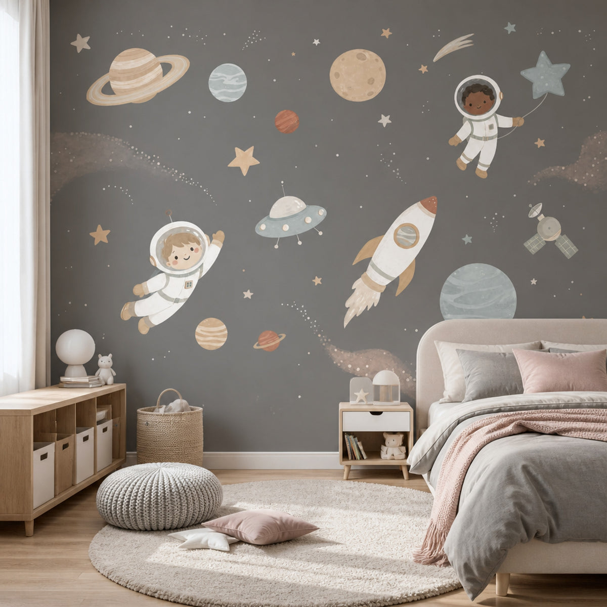Uzay Temalı Astronotlu Poster Duvar Kağıdı Gri Çocuk Odası