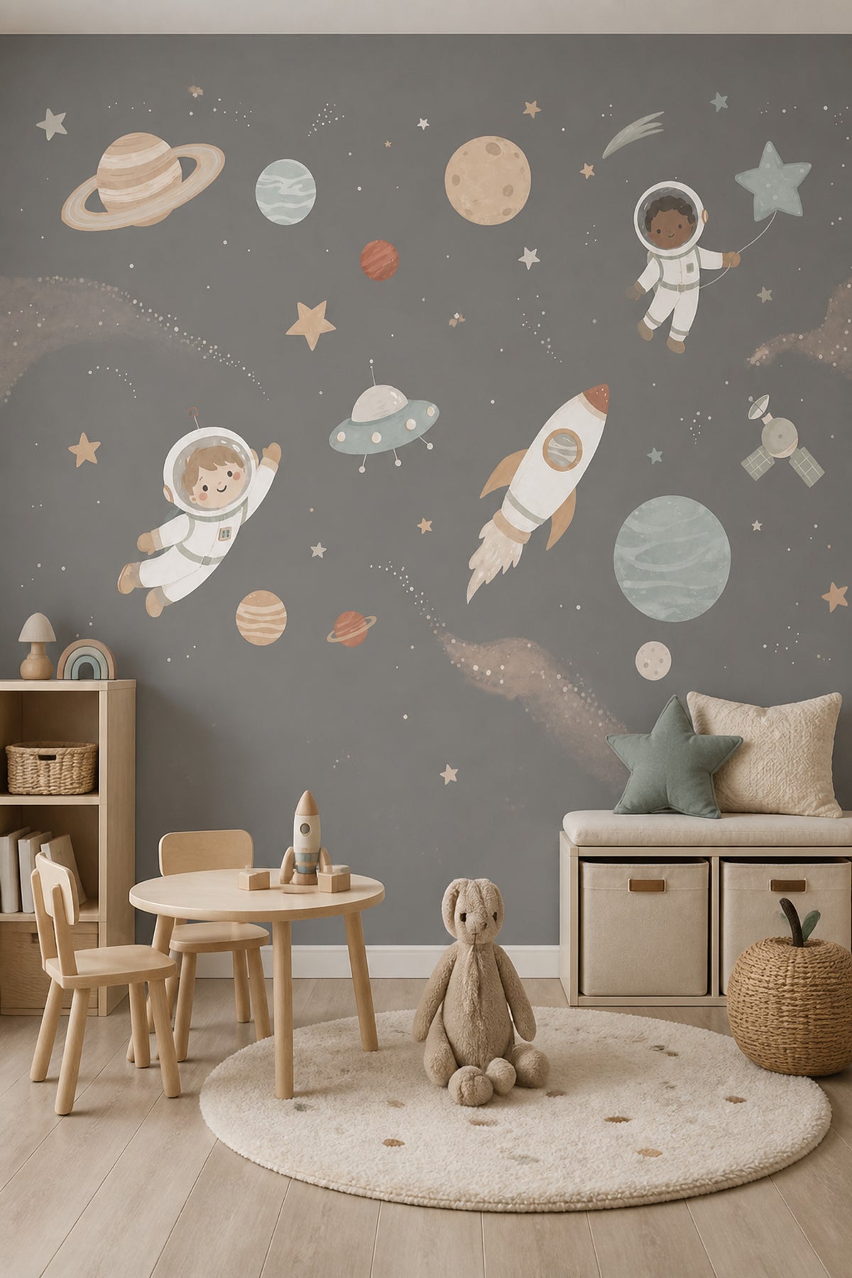 Uzay Temalı Astronotlu Poster Duvar Kağıdı Gri Çocuk Odası
