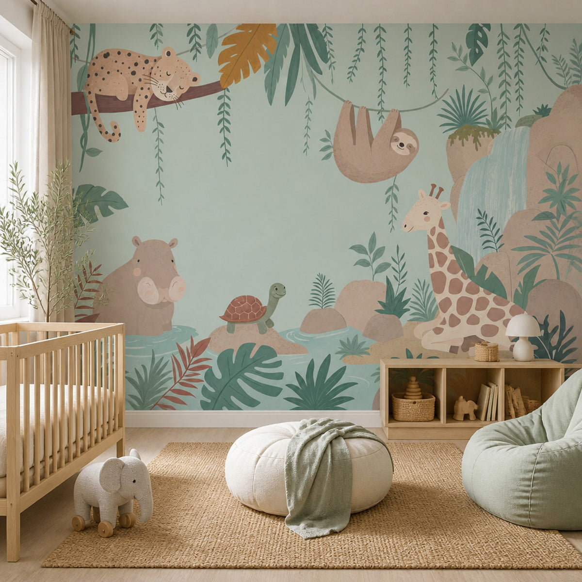 Jungle Hayvanlı Poster Duvar Kağıdı Yeşil Çocuk Odası Desenli