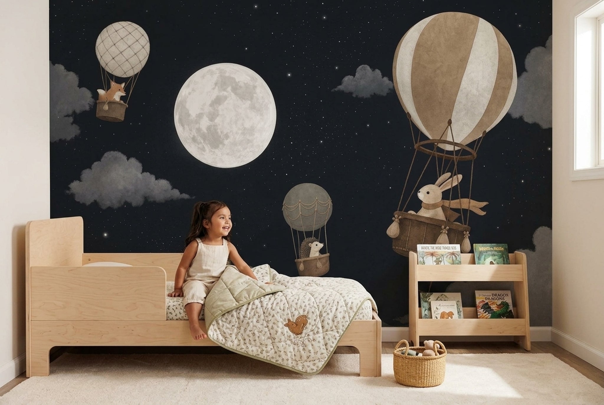 Gece Gökyüzü Poster Duvar Kağıdı Ay Balonlu Çocuk Odası