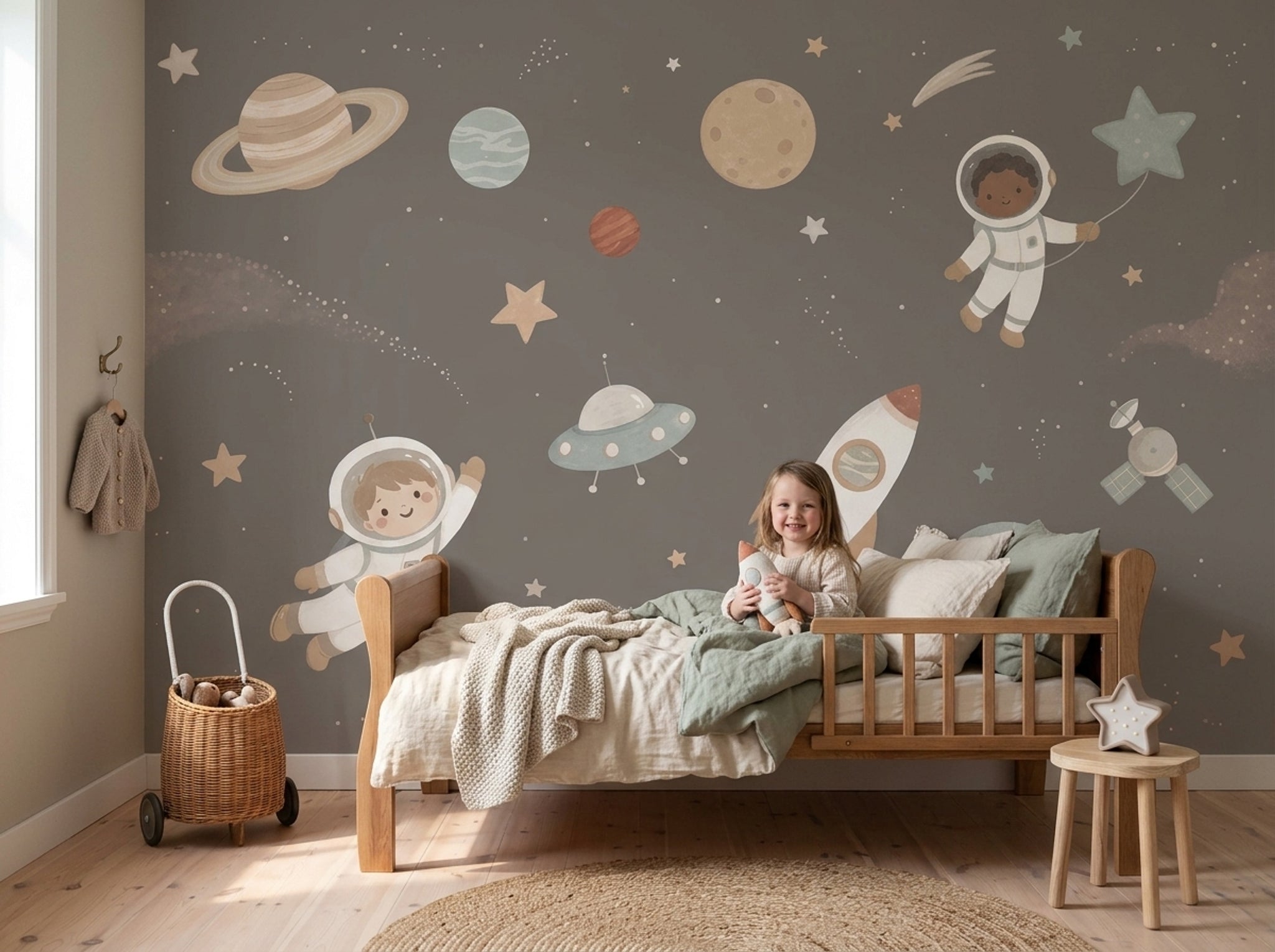 Uzay Temalı Astronotlu Poster Duvar Kağıdı Gri Çocuk Odası