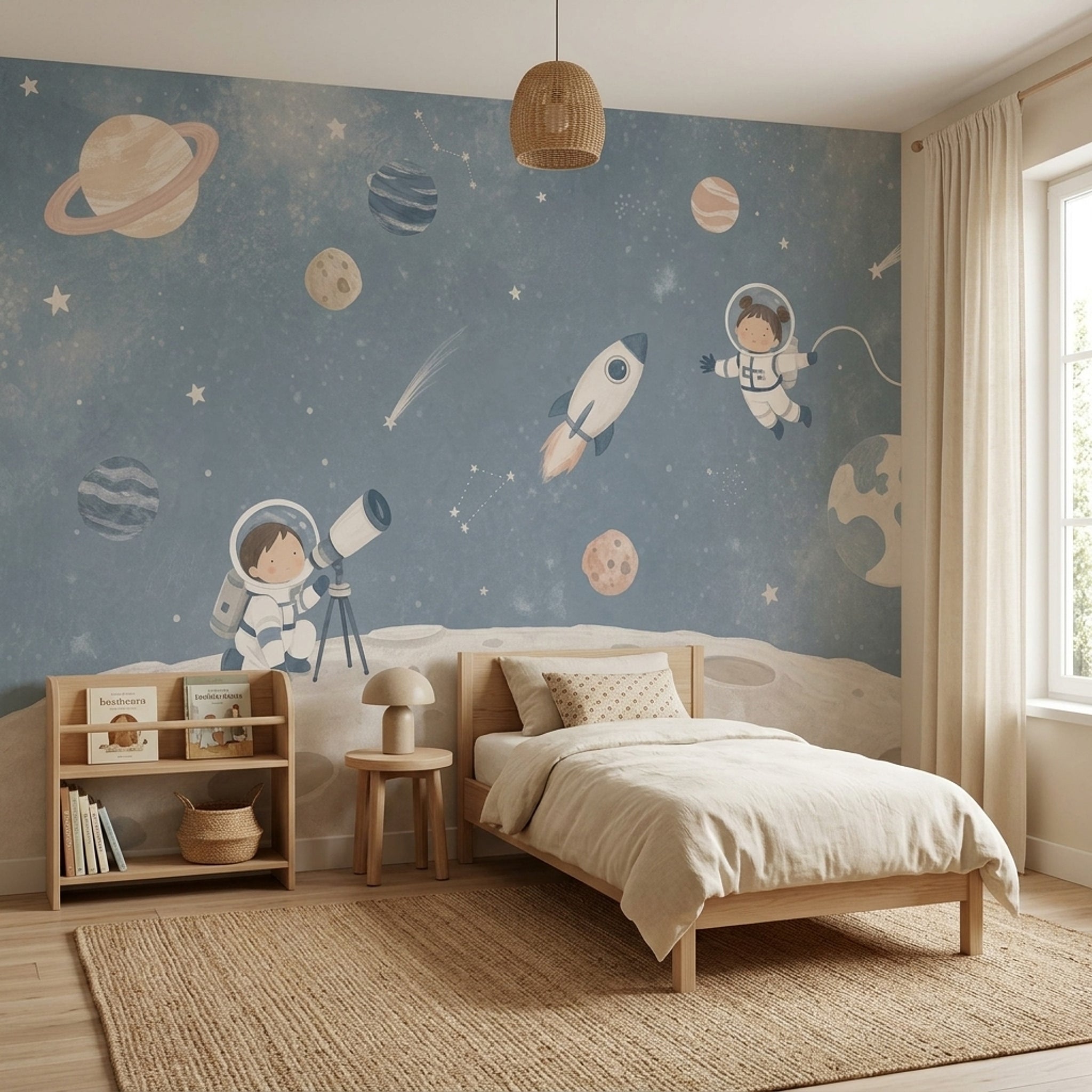 Astronot ve Gezegenli Poster Duvar Kağıdı Mavi Çocuk Odası