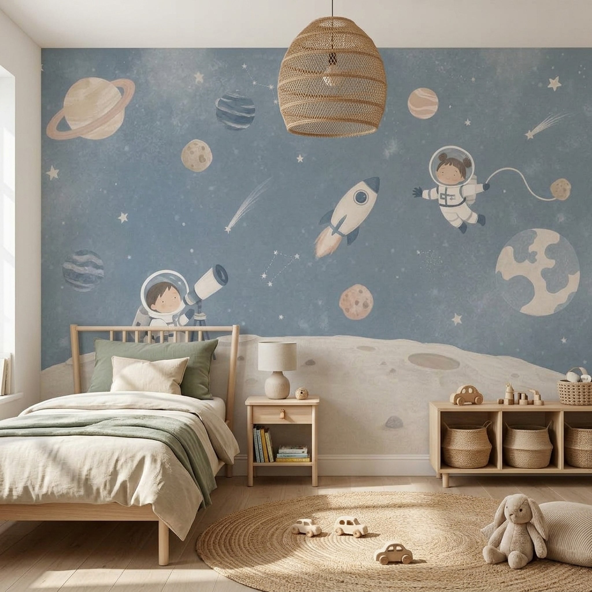 Astronot ve Gezegenli Poster Duvar Kağıdı Mavi Çocuk Odası