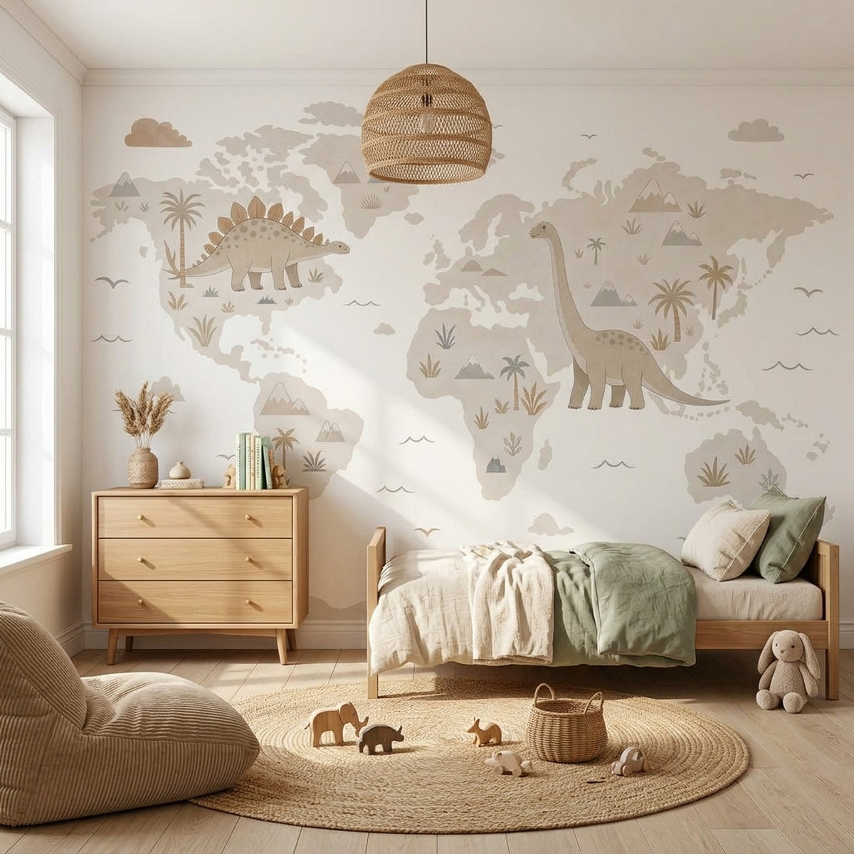 Dinozor Dünya Haritası Poster Duvar Kağıdı Bej Çocuk Odası