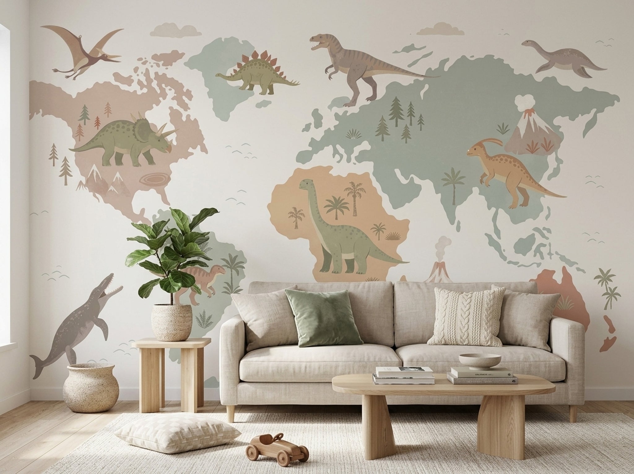 Dinozor Haritalı Poster Duvar Kağıdı Pastel Çocuk Odası
