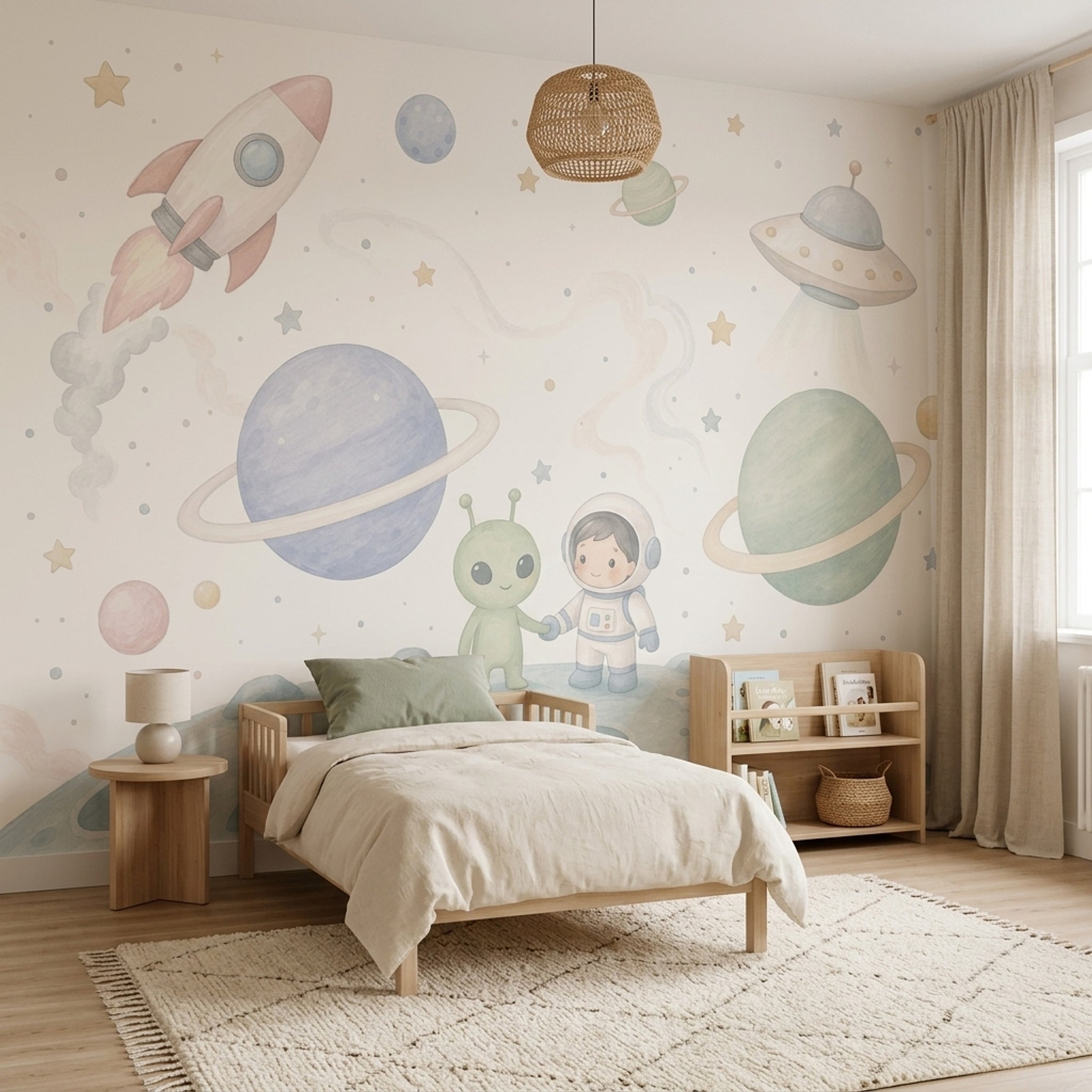 Uzay Roketli Poster Duvar Kağıdı Pastel Çocuk Odası Desenli
